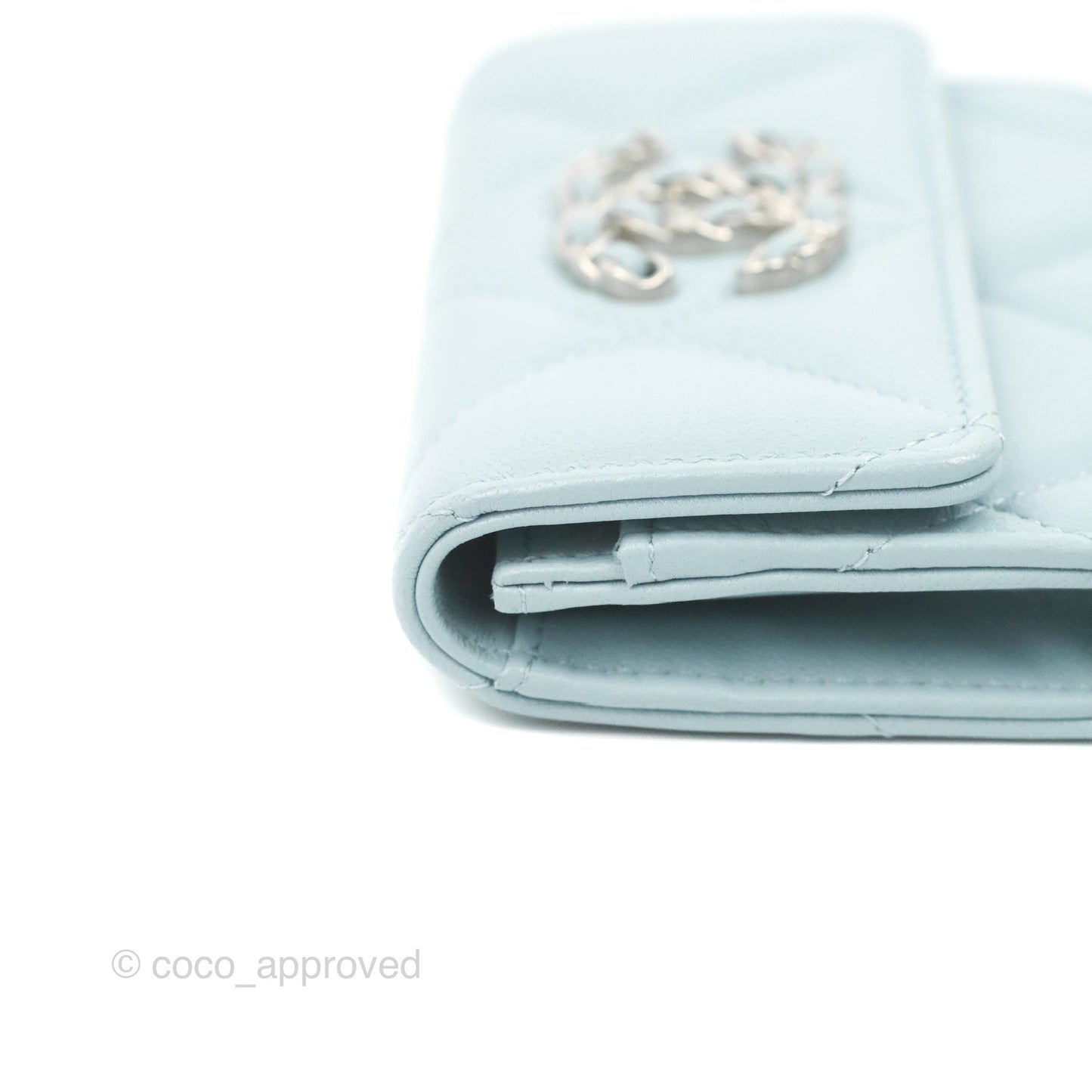 Chanel 19 Quilted Flap Card Holder Light Blue Lambskin