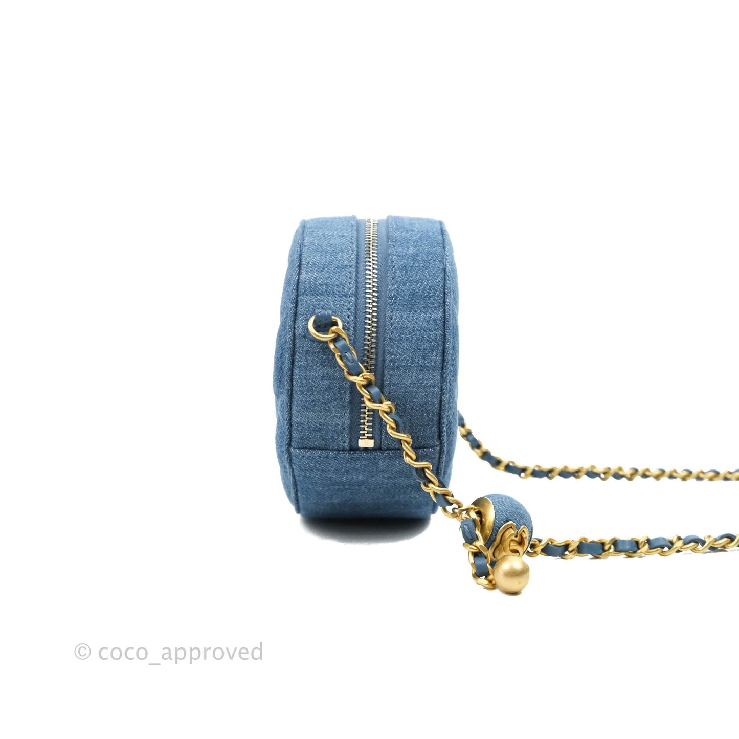 Chanel Quilted Pearl Crush Round Clutch With Chain Denim Aged Gold Hardware
