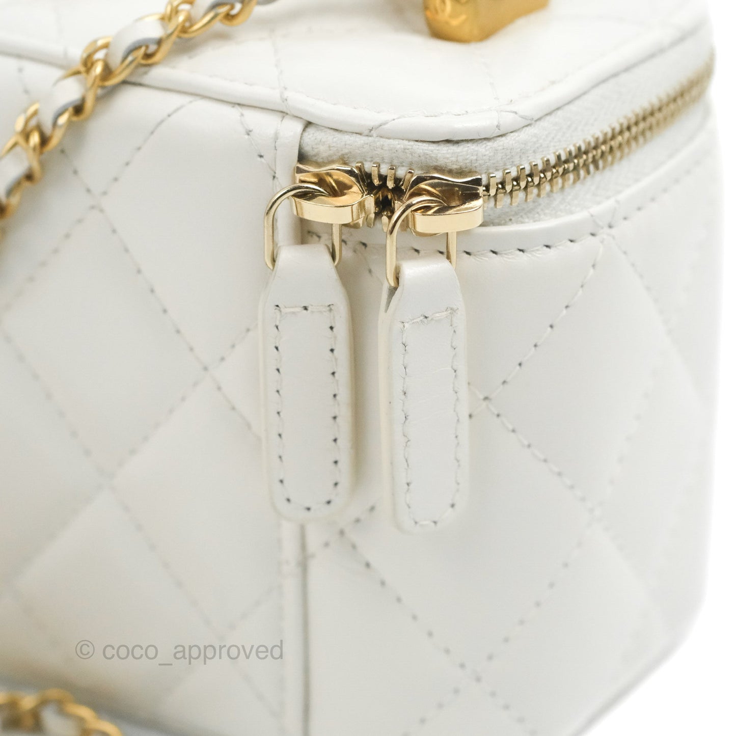 Chanel Quilted Mini Perfect Fit Vanity With Chain White Calfskin Aged Gold Hardware