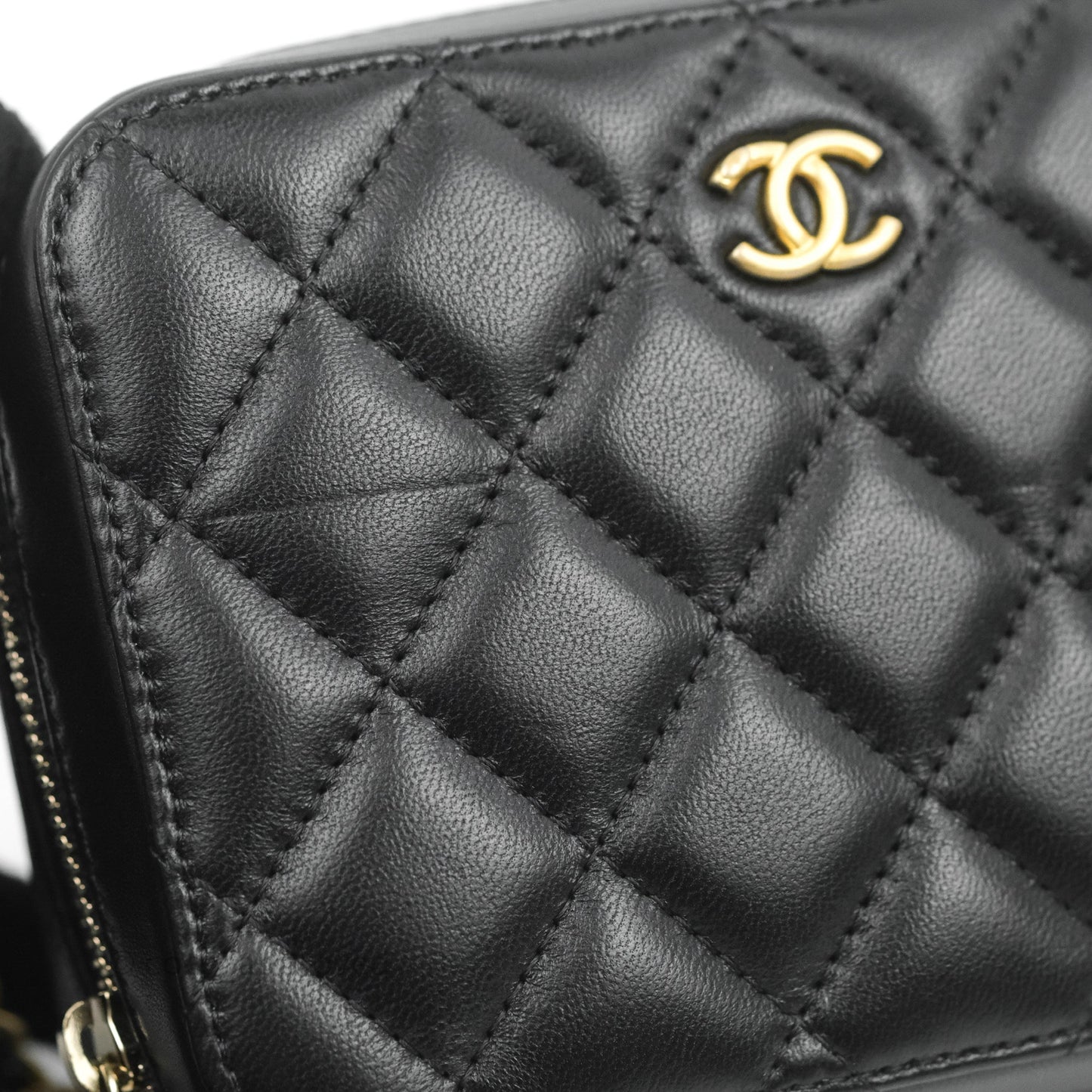 Chanel Mini Pearl Crush Quilted Camera Case Black Lambskin Aged Gold Hardware
