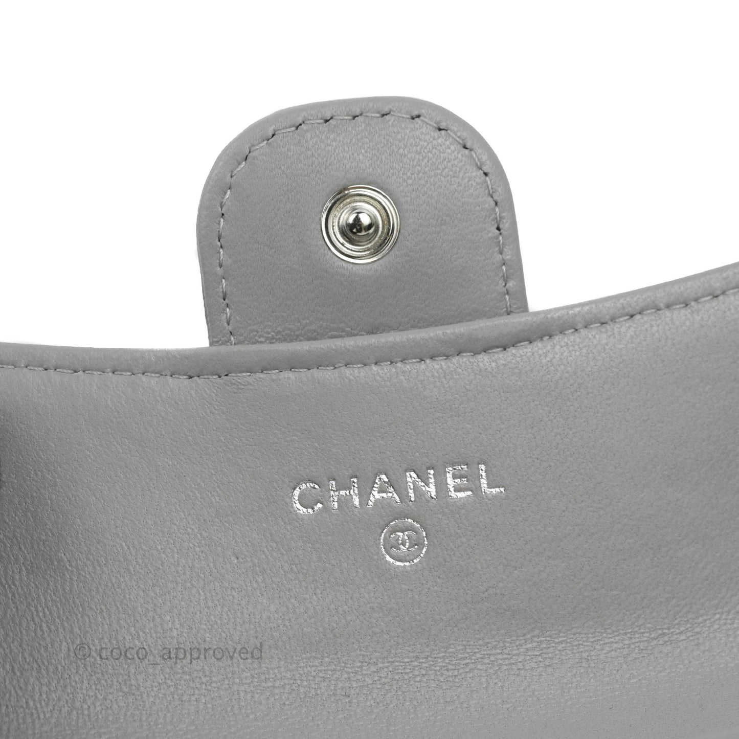 Chanel Quilted Flap Card Holder Grey Lambskin Silver Hardware