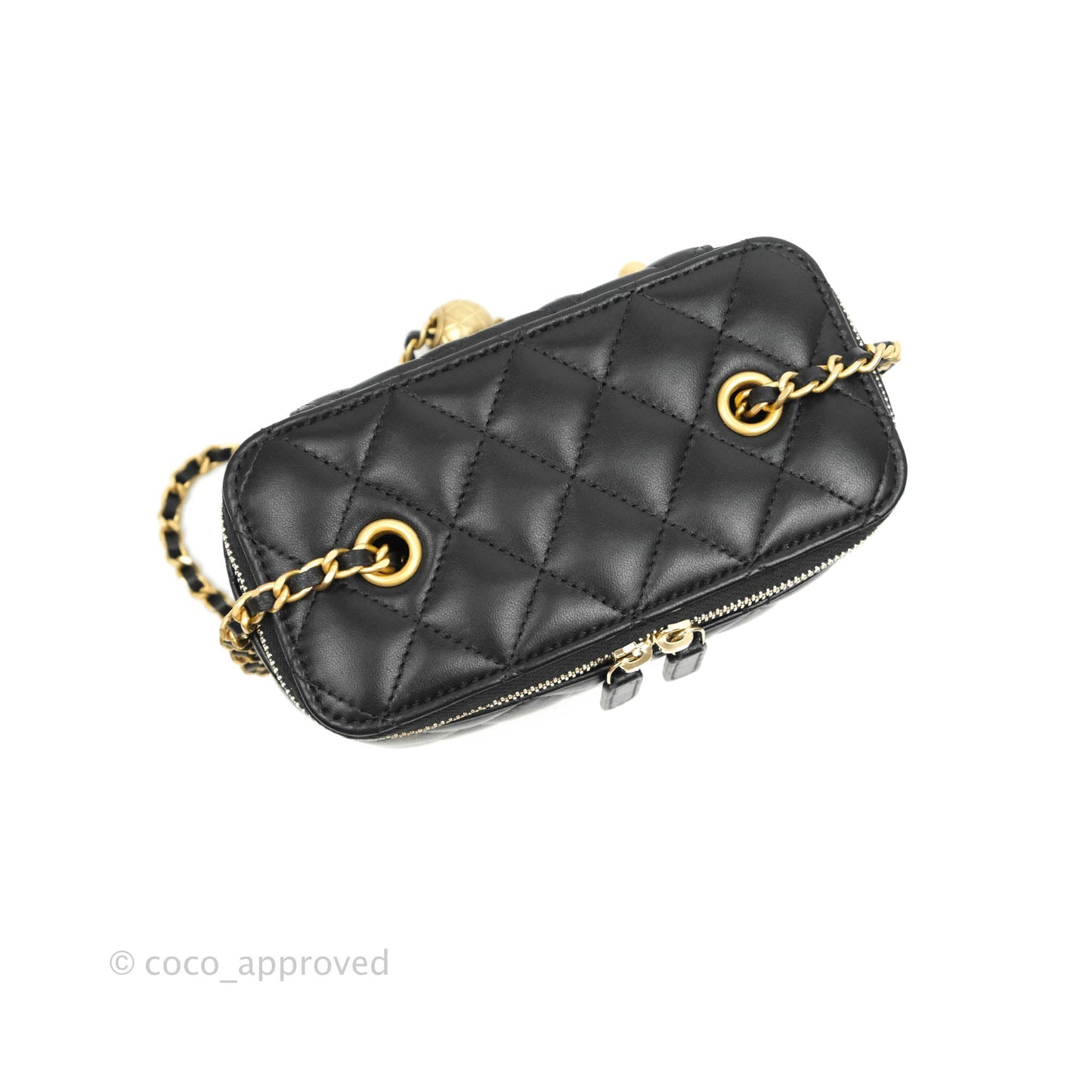 Chanel Vanity with Pearl Crush Chain in Black Lambskin Aged Gold Hardware