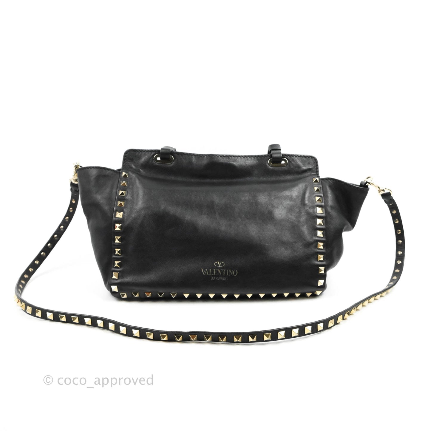 Valentino Garavani Small Trapeze Rockstud Black Grained Calfskin Gold Hardware