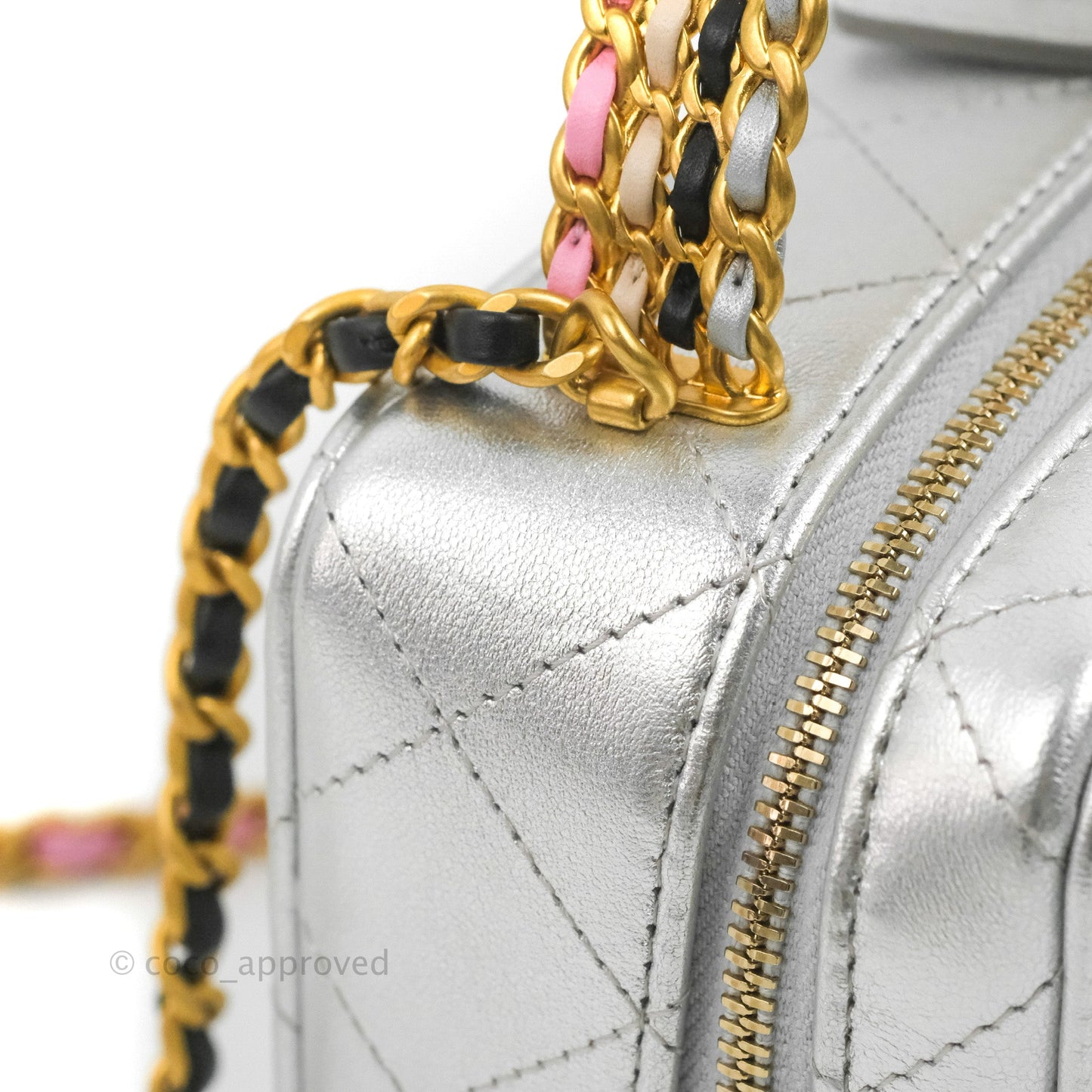 Chanel Rainbow Top Handle Vanity Case Metallic Silver Lambskin Aged Gold Hardware 23P