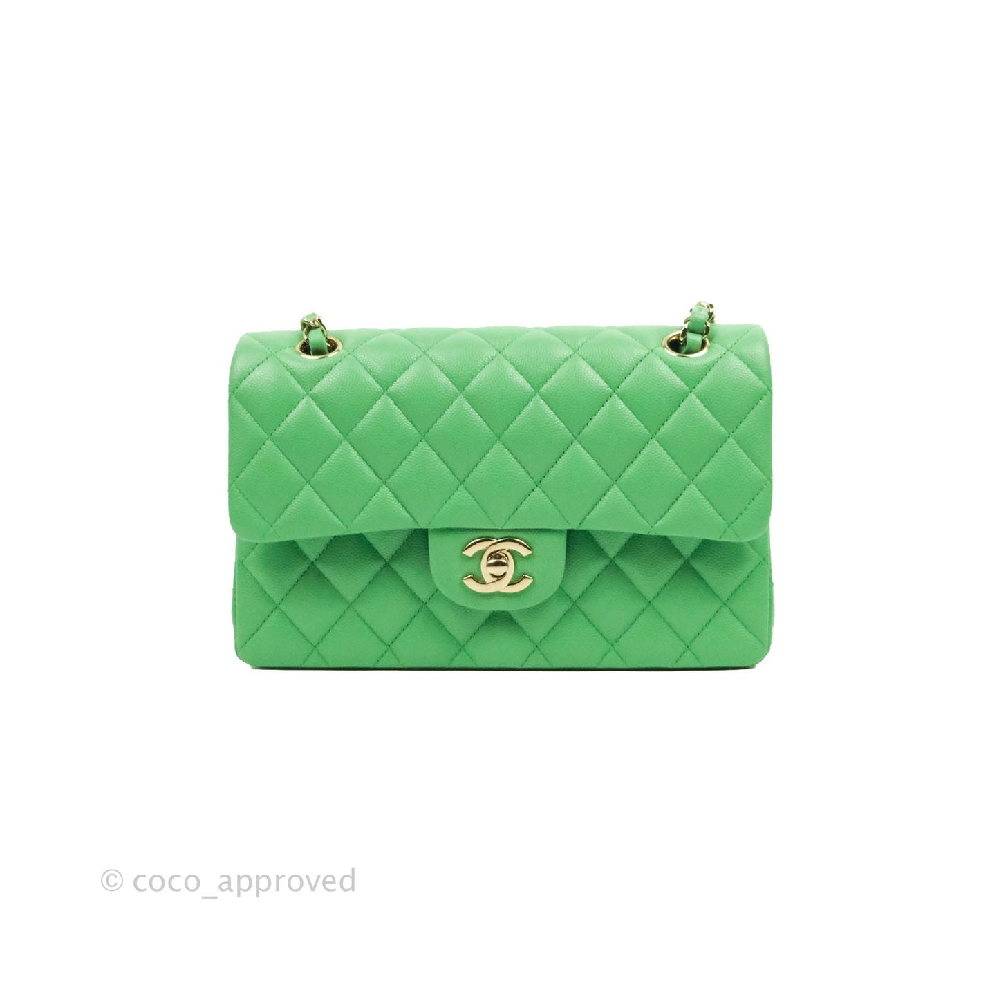 Chanel Small Classic Quilted Flap Green Caviar Gold Hardware