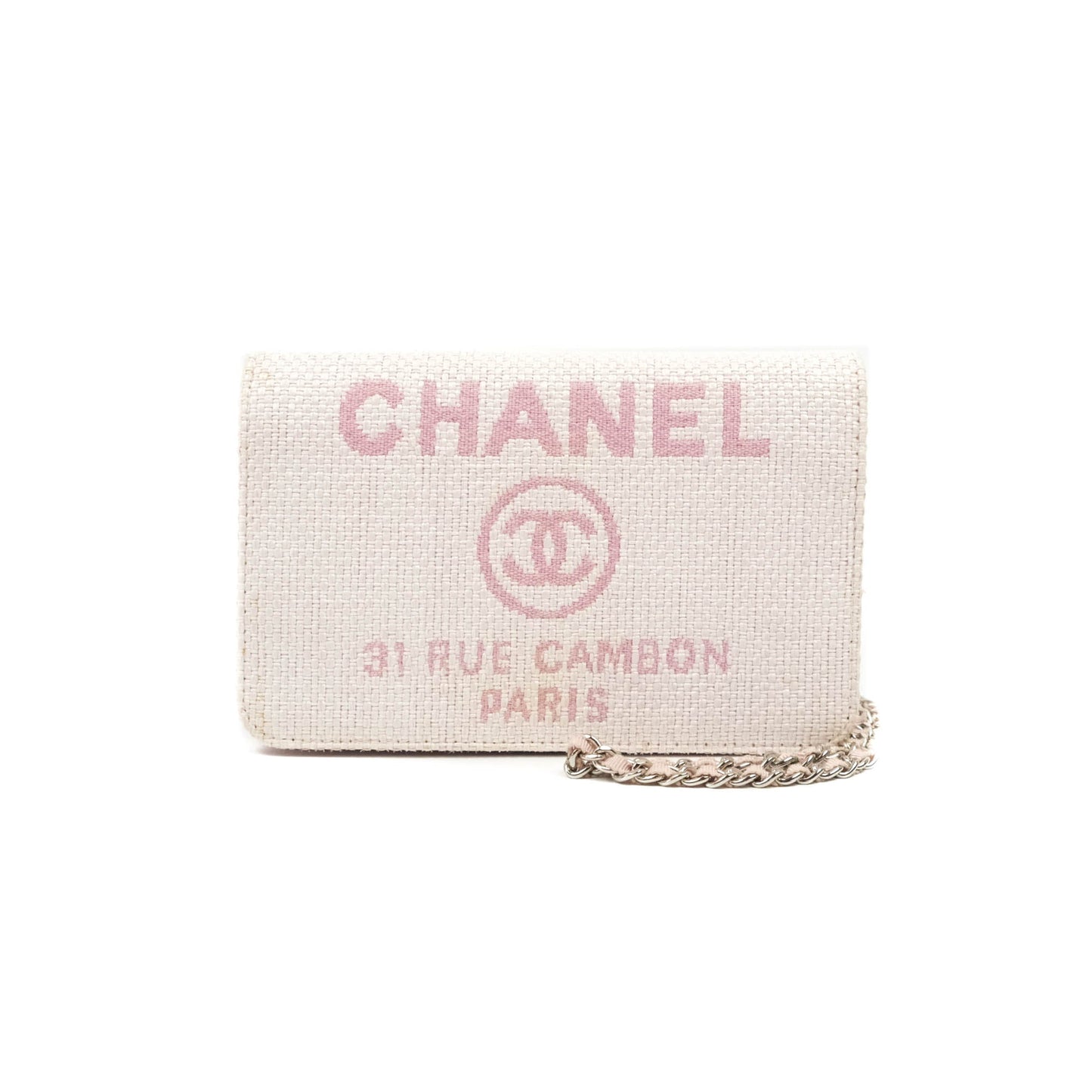 Chanel Deauville Wallet On Chain WOC Pink Canvas Silver Hardware