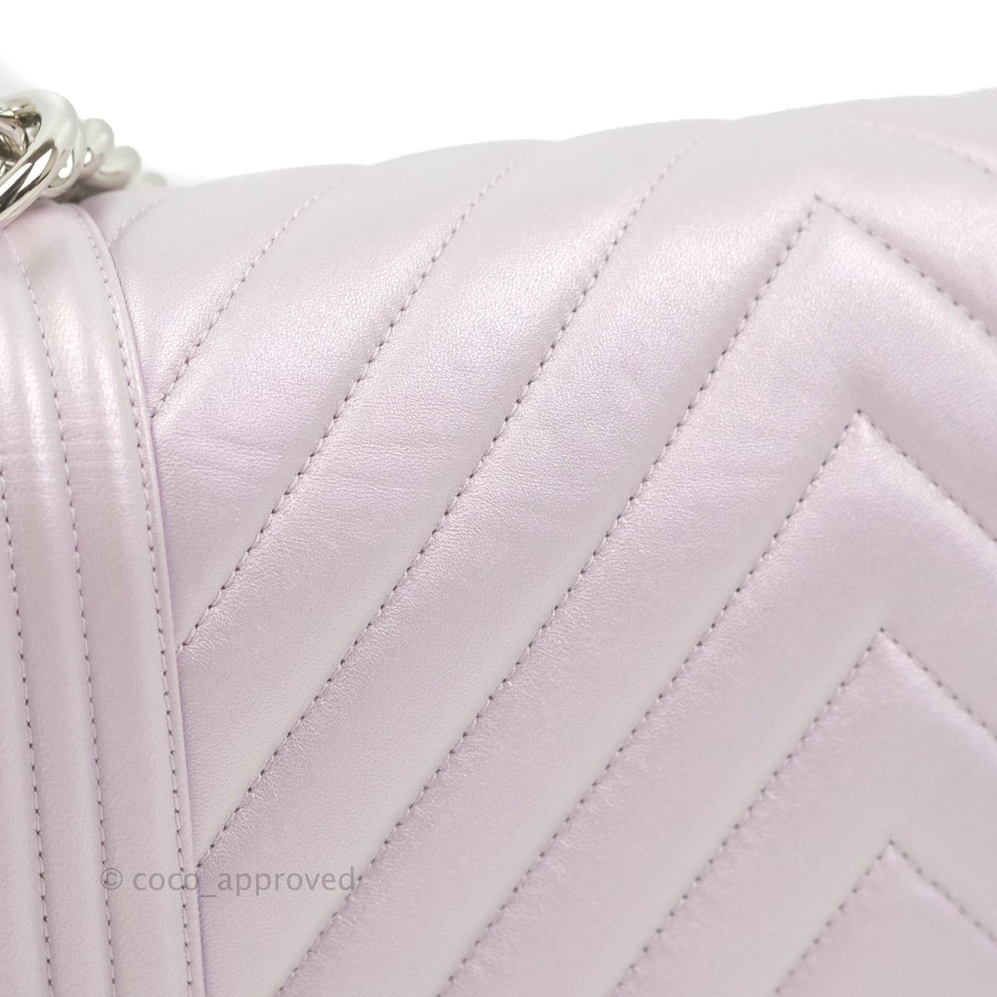 Chanel Medium Boy Chevron Iridescent Lilac Calfskin Silver Hardware