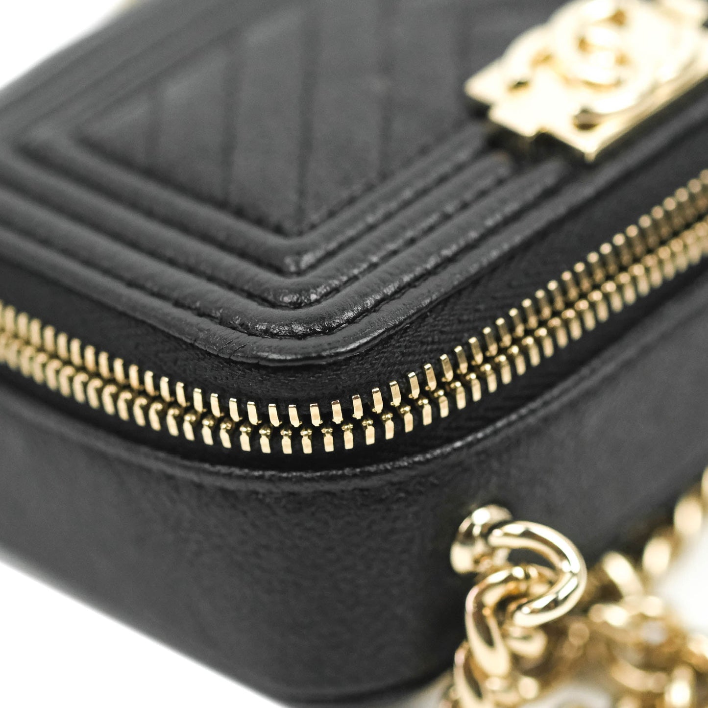 Chanel Mini Boy Clutch with Chain Black Caviar Gold Hardware
