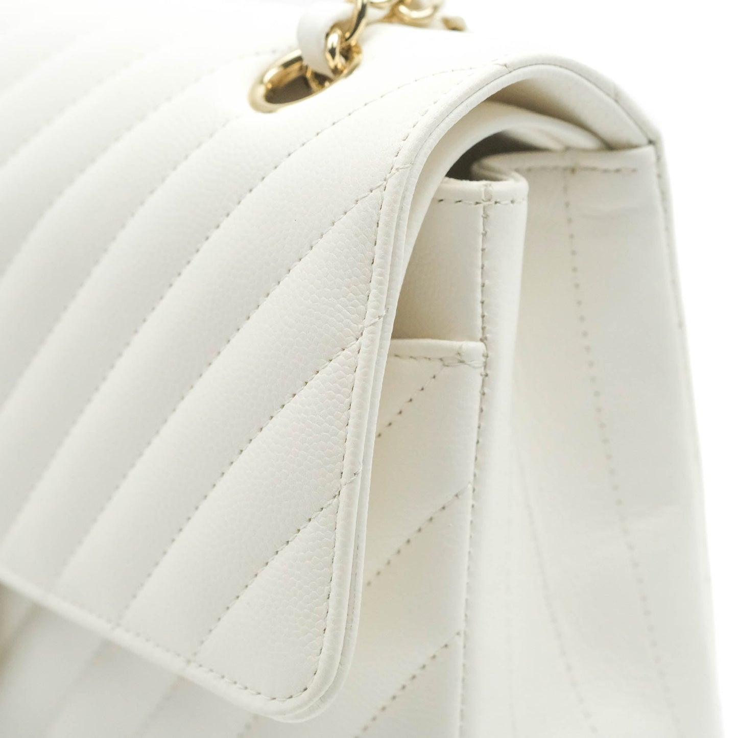 Chanel Chevron M/L Medium Double Flap White Caviar Gold Hardware