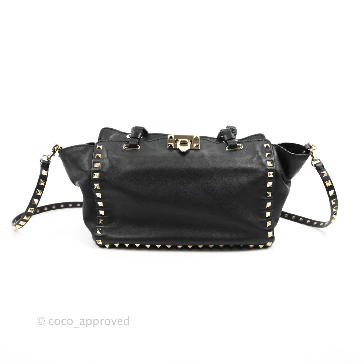 Valentino Garavani Small Trapeze Rockstud Black Grained Calfskin Gold Hardware