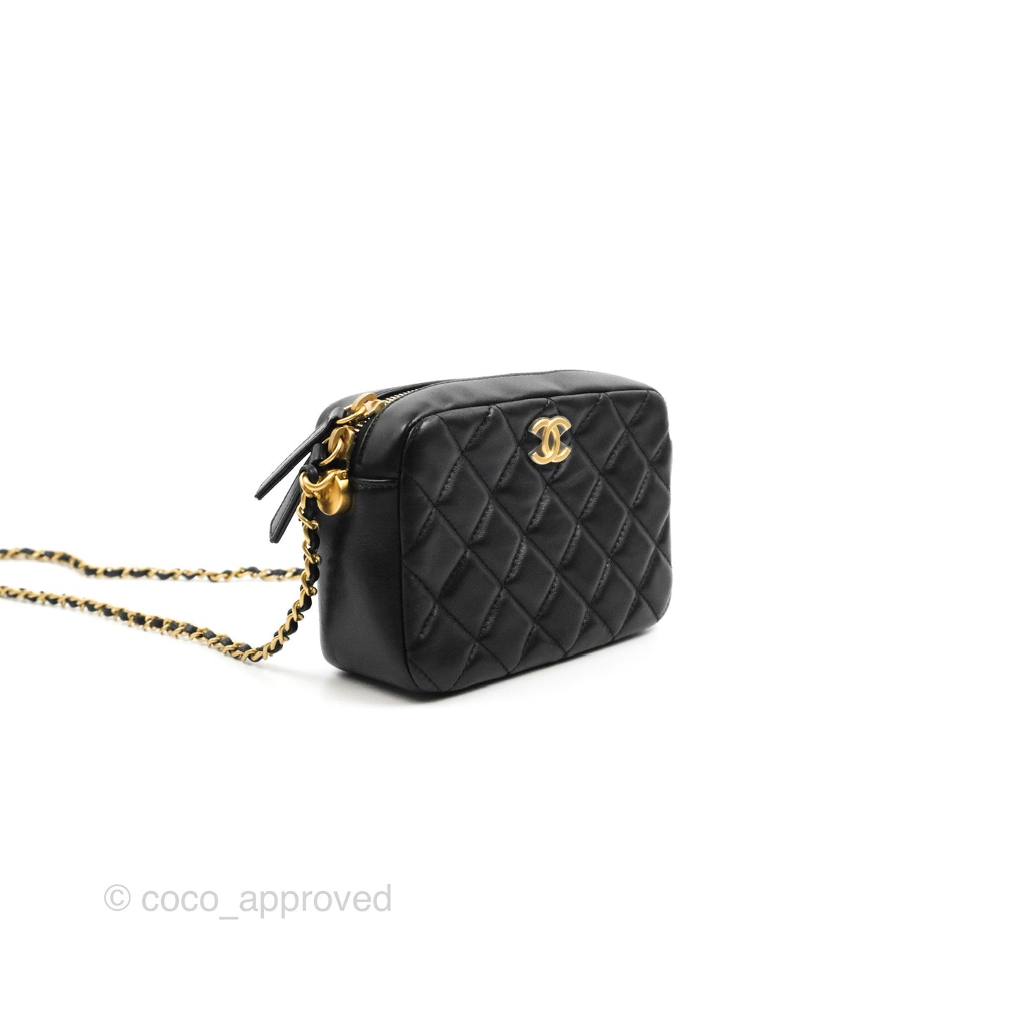 Chanel Quilted CC Pearl Crush Camera Case Black Lambskin Gold Hardware