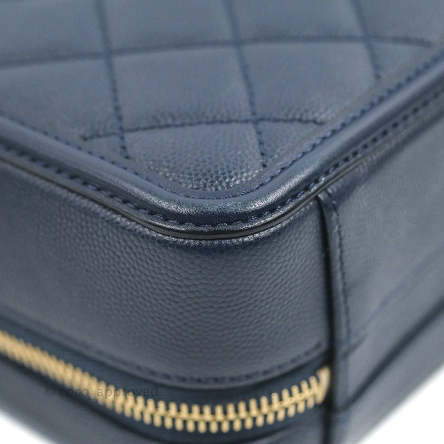 Chanel Quilted Small CC Filigree Vanity Case Navy Caviar Gold Hardware