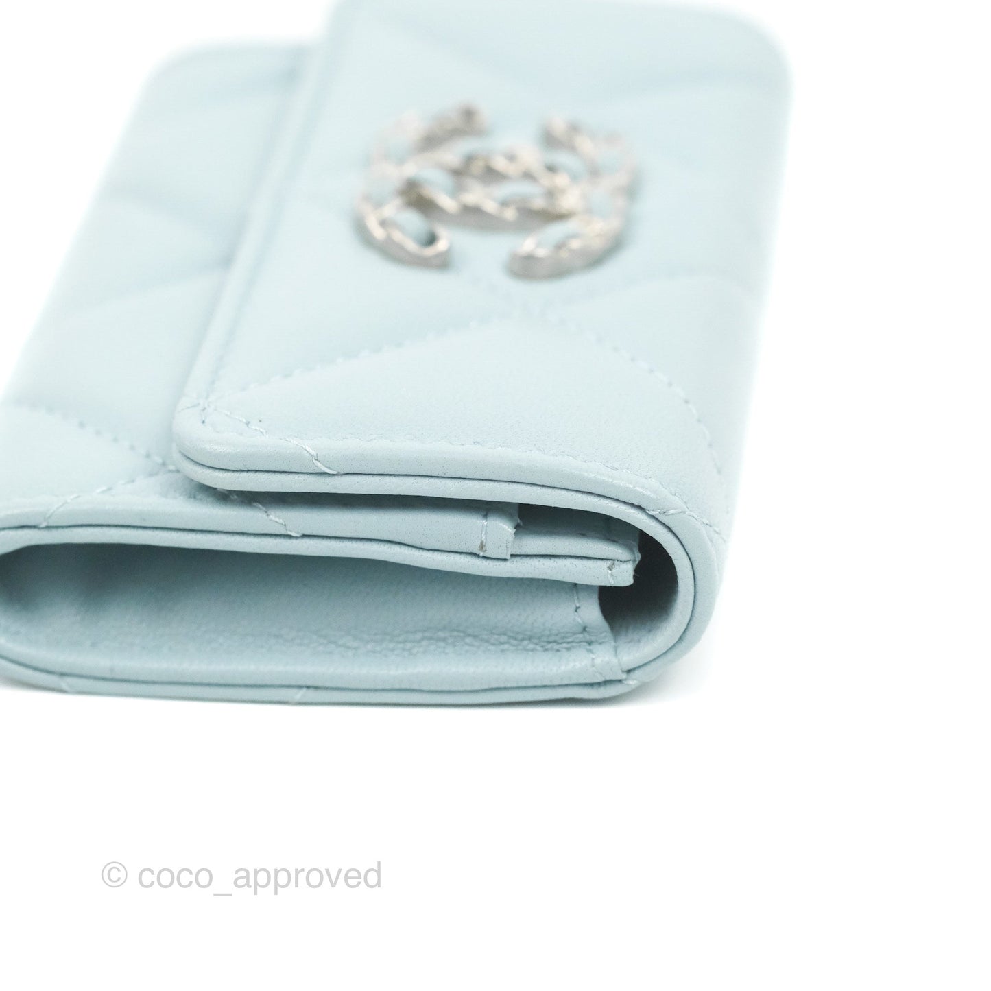 Chanel 19 Quilted Flap Card Holder Light Blue Lambskin