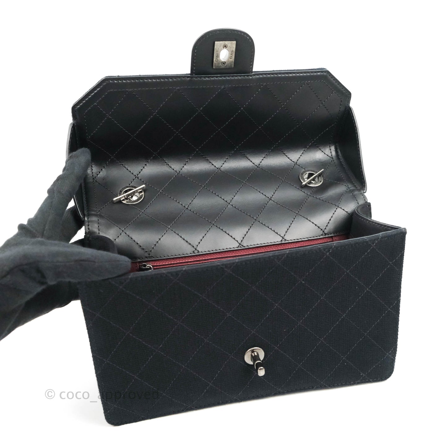 Chanel Quilted CC Top Handle with Chain Dark Navy Fabric Ruthenium Hardware 15P