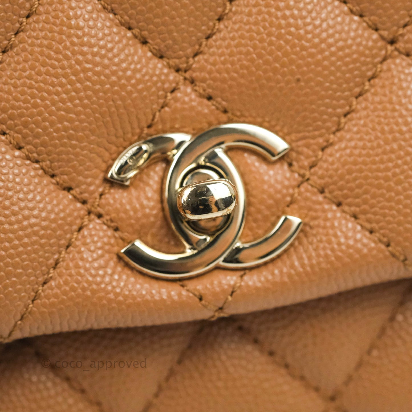 Chanel Mini Coco Handle Quilted Dark Beige Caramel Caviar Lizard Embossed Handle Gold Hardware