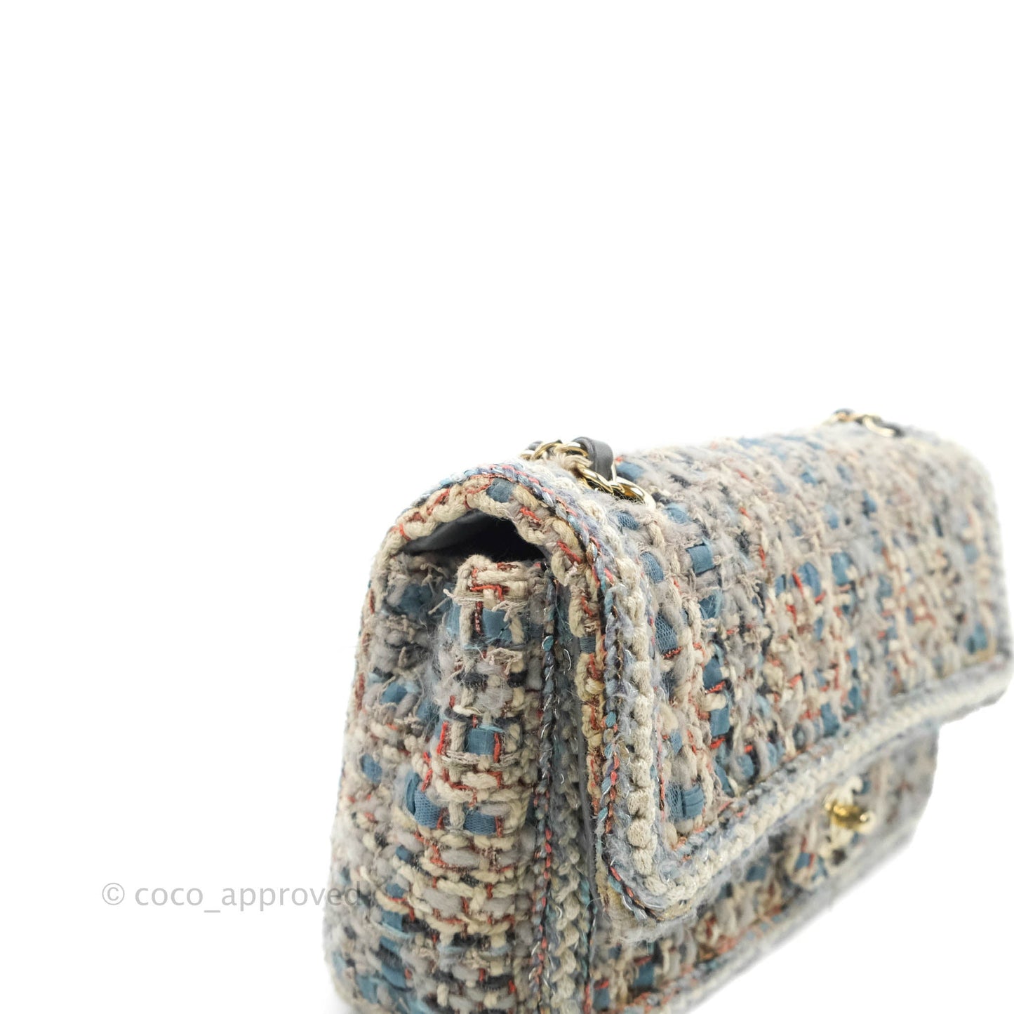 Chanel M/L Medium Single Flap Grey Tweed Braided Gold Hardware