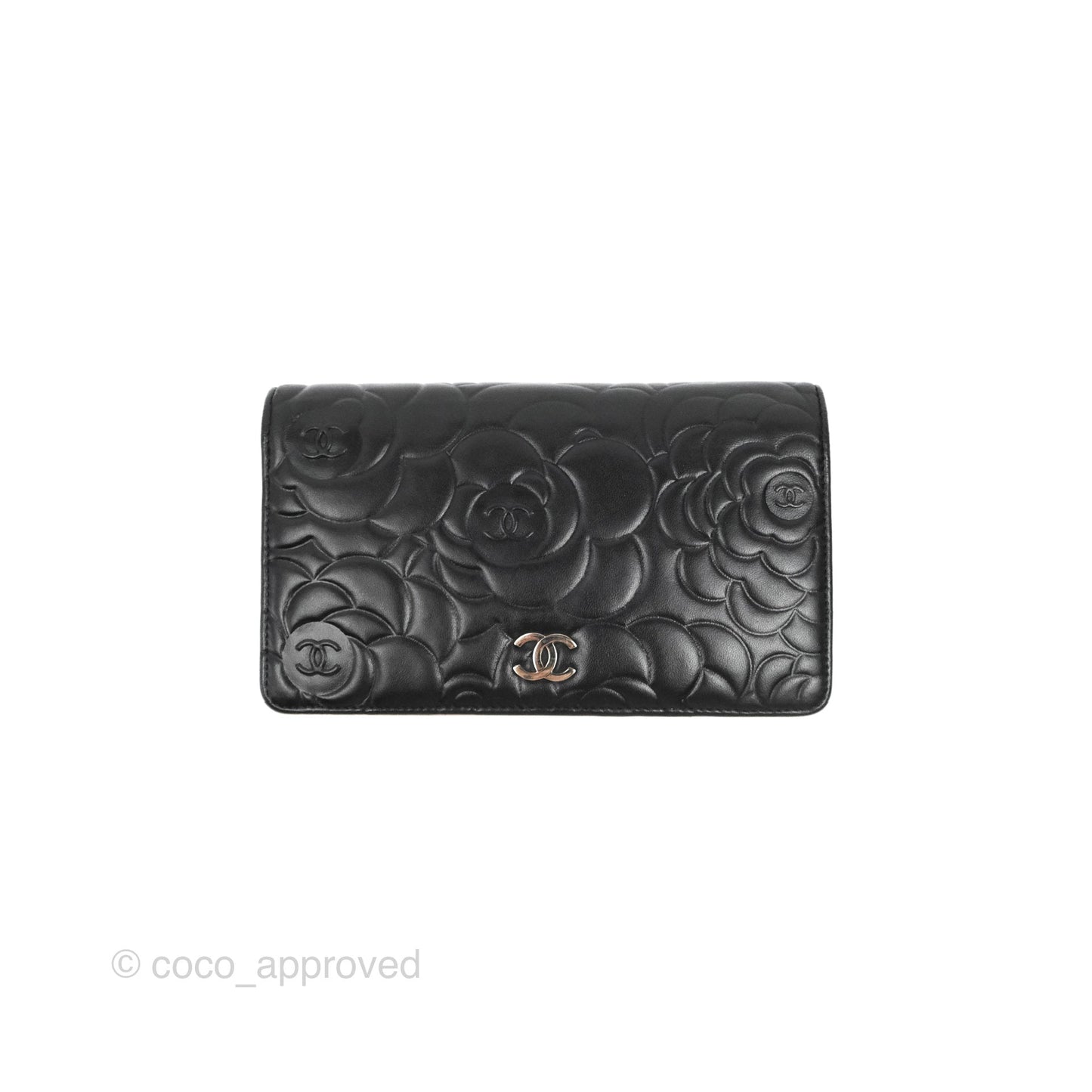 Chanel Yen Camellia Embossed Wallet Black Lambskin Silver Hardware