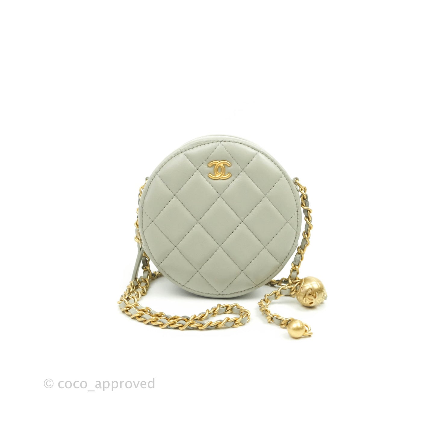 Chanel Quilted Round Pearl Crush Clutch With Chain Grey Lambskin Aged Gold Hardware