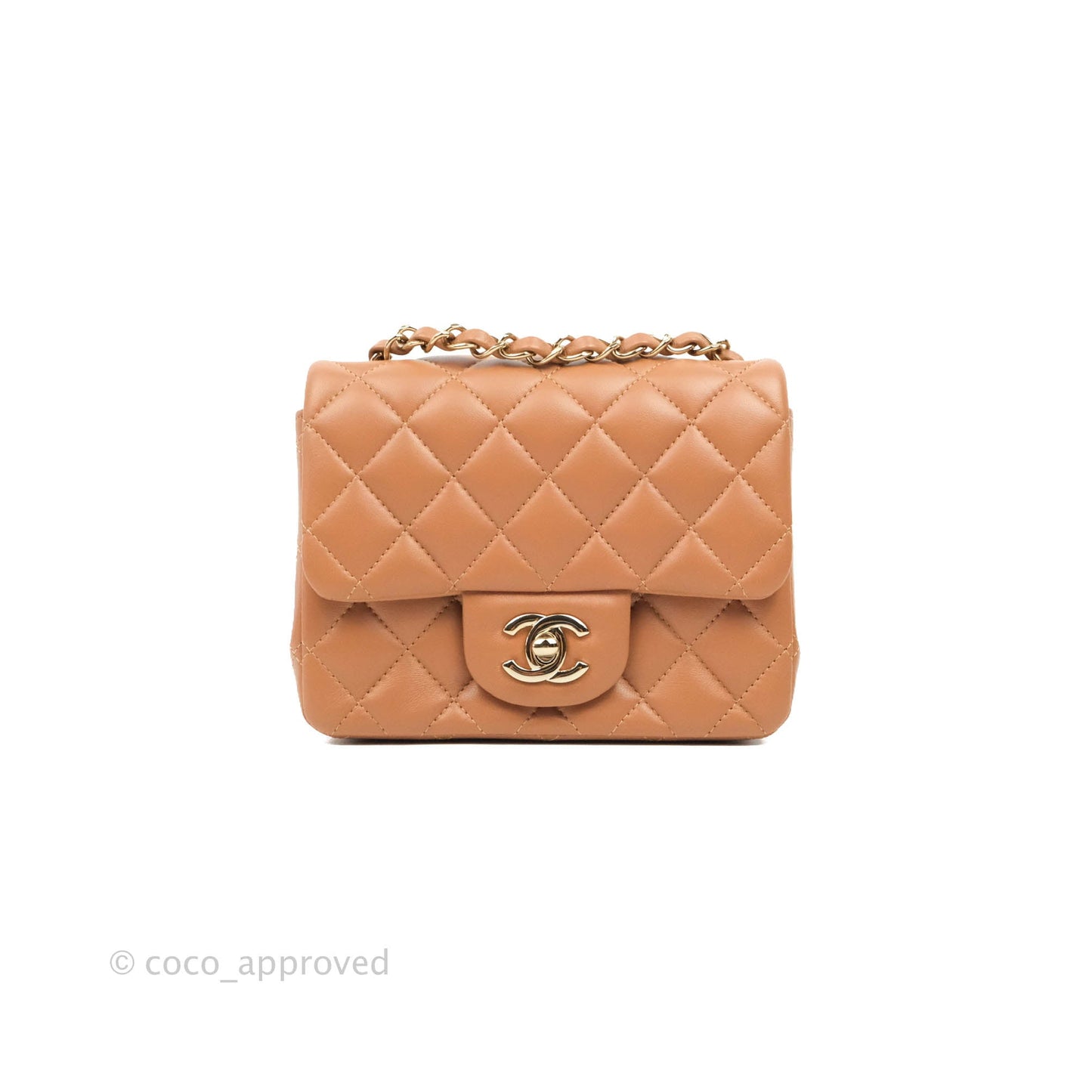 Chanel Classic Quilted Mini Square Caramel Dark Beige Lambskin Gold Hardware
