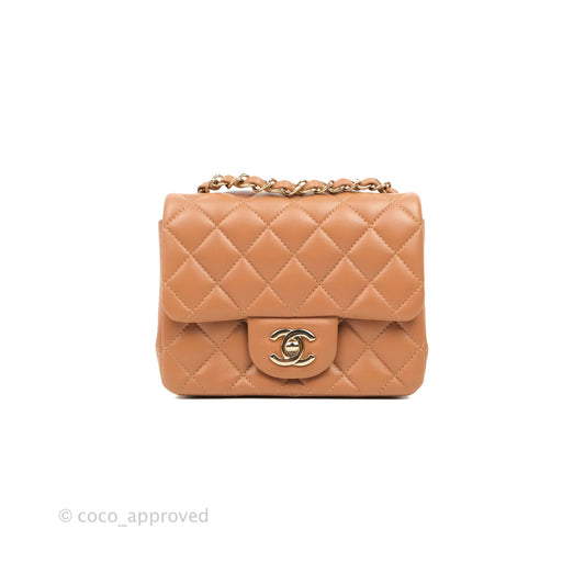 Chanel Classic Quilted Mini Square Caramel Dark Beige Lambskin Gold Hardware