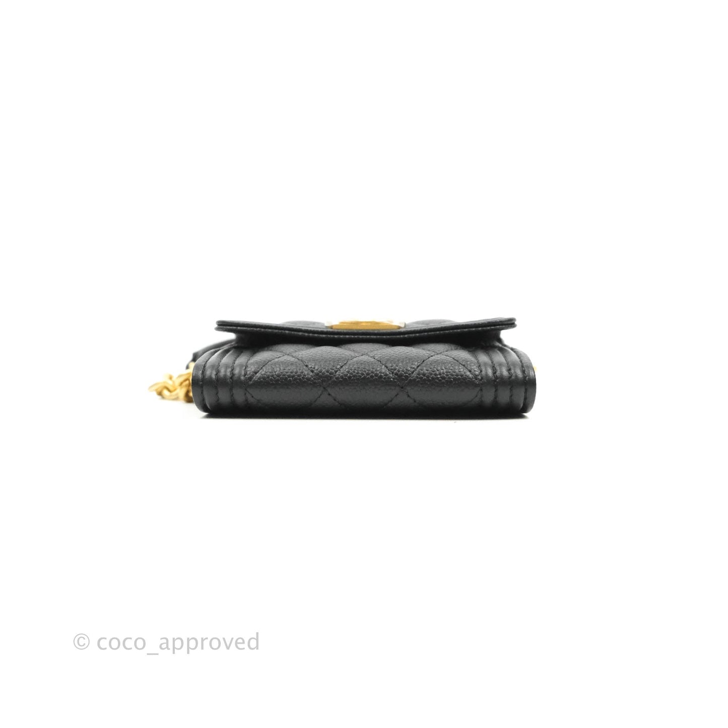 Chanel Boy Card Holder With Chain Black Caviar Gold Hardware