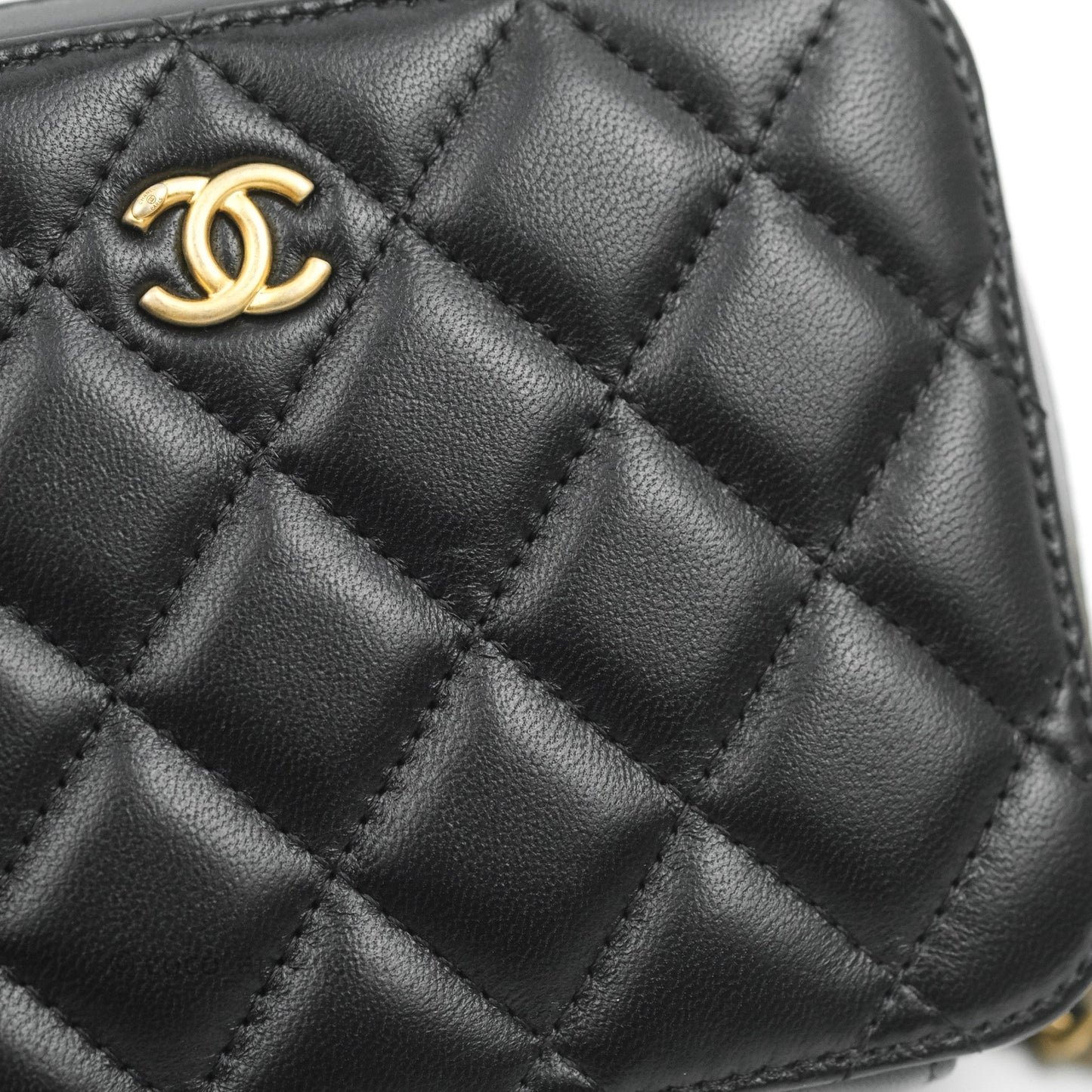 Chanel Mini Pearl Crush Quilted Camera Case Black Lambskin Aged Gold Hardware