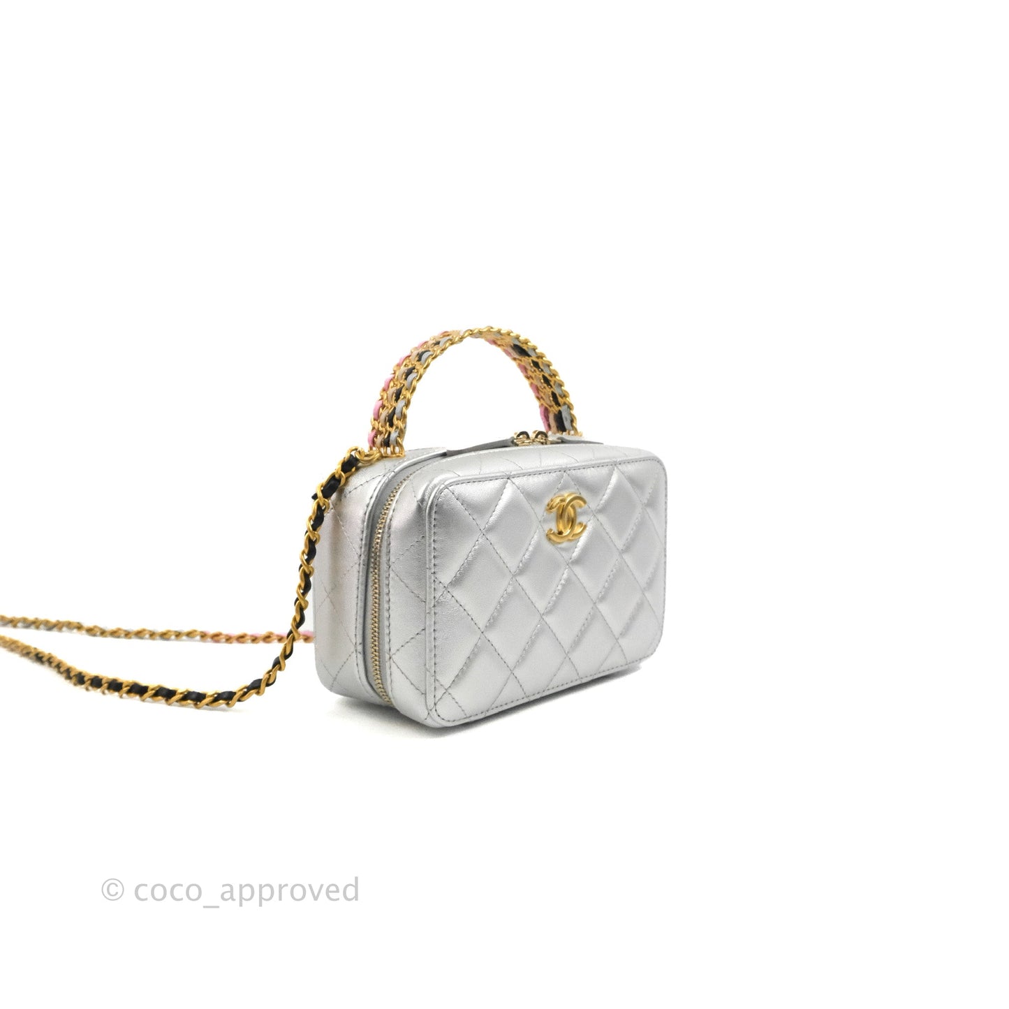 Chanel Rainbow Top Handle Vanity Case Metallic Silver Lambskin Aged Gold Hardware 23P