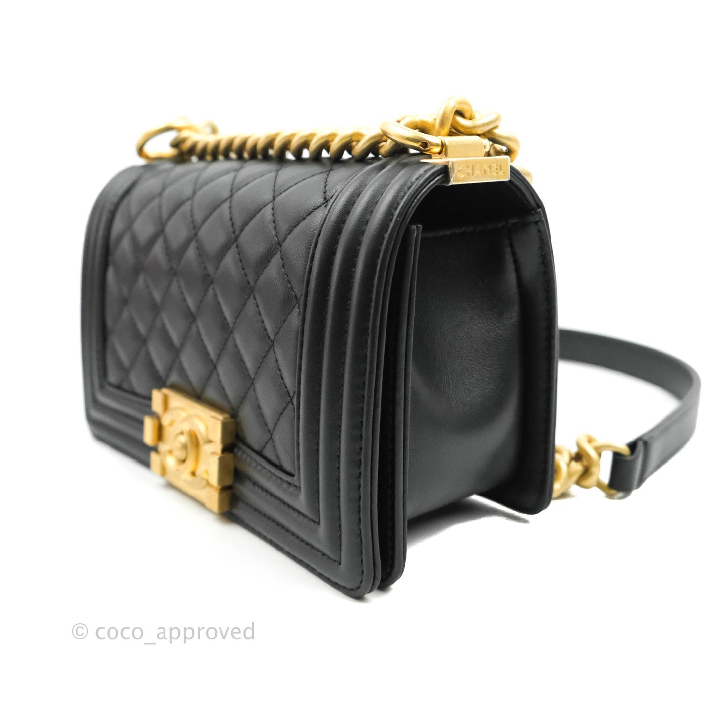 Chanel Boy Quilted Small Black Calfskin Aged Gold Hardware