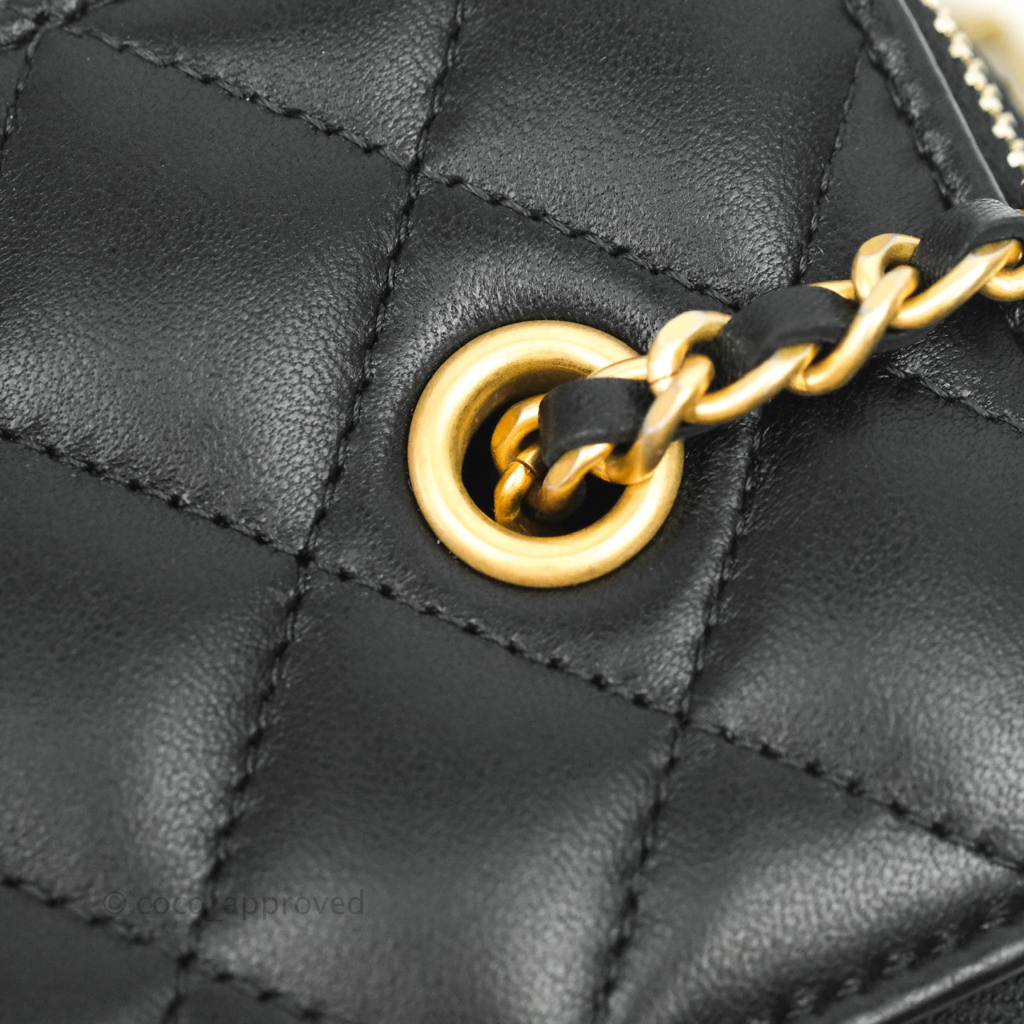 Chanel Vanity with Pearl Crush Chain in Black Lambskin Aged Gold Hardware