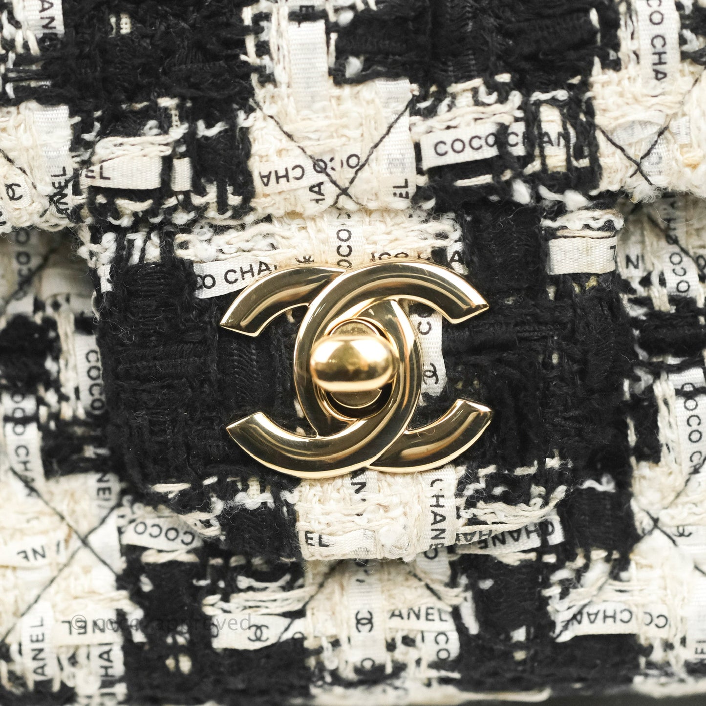 Chanel Quilted Mini Rectangular Flap Tweed Houndstooth Black & White Gold Hardware