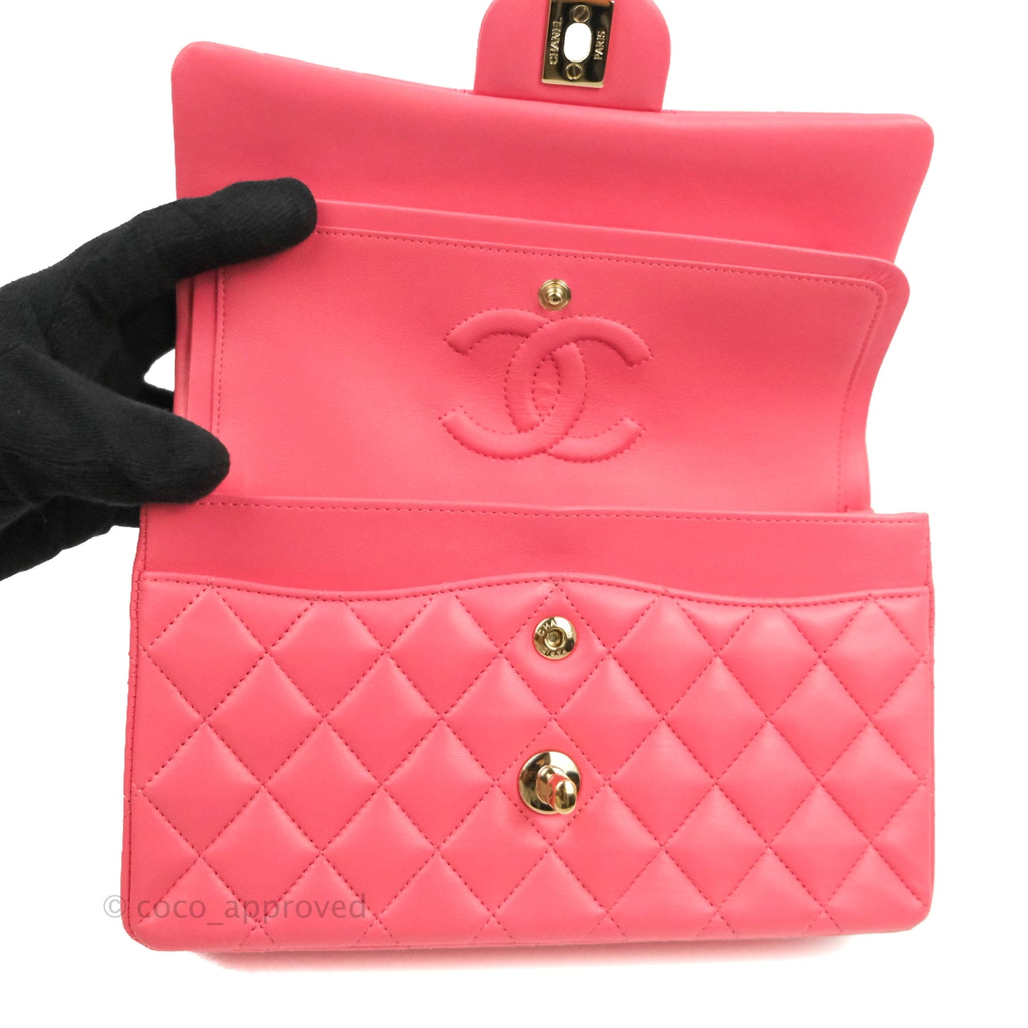 Chanel Small Classic Quilted Flap Rosy Pink Lambskin Gold Hardware