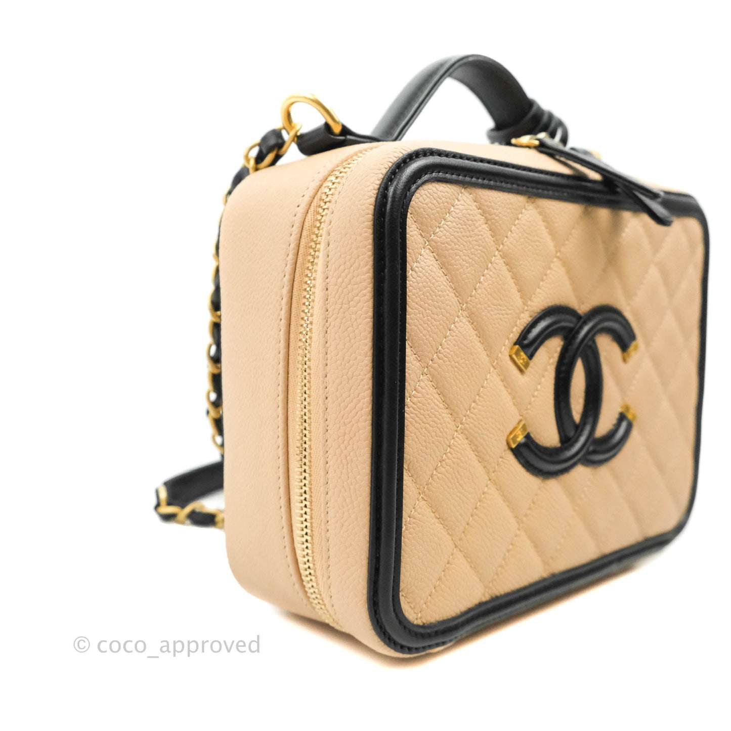 Chanel Quilted Medium CC Filigree Vanity Case Beige Caviar Gold Hardware