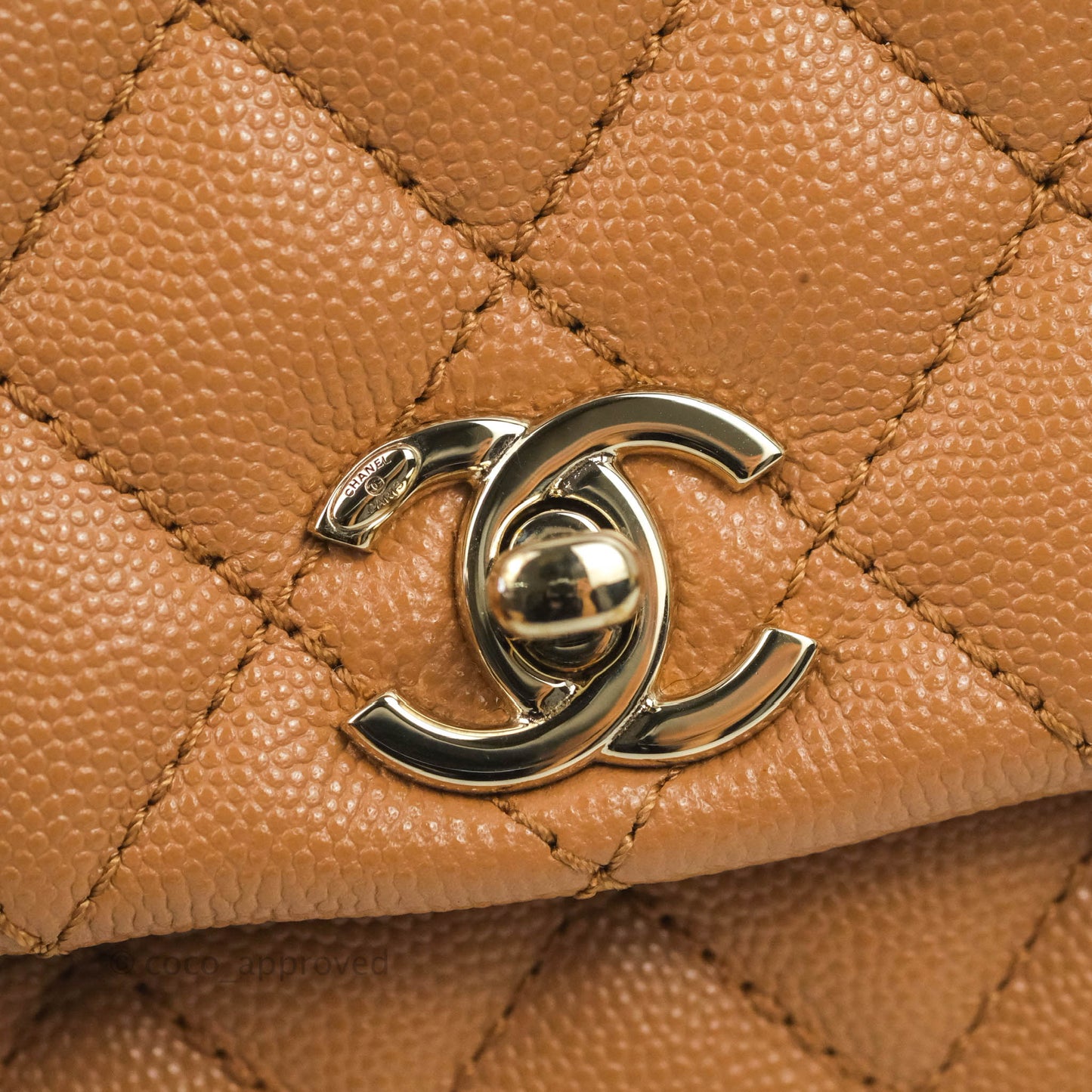 Chanel Mini Coco Handle Quilted Dark Beige Caramel Caviar Lizard Embossed Handle Gold Hardware