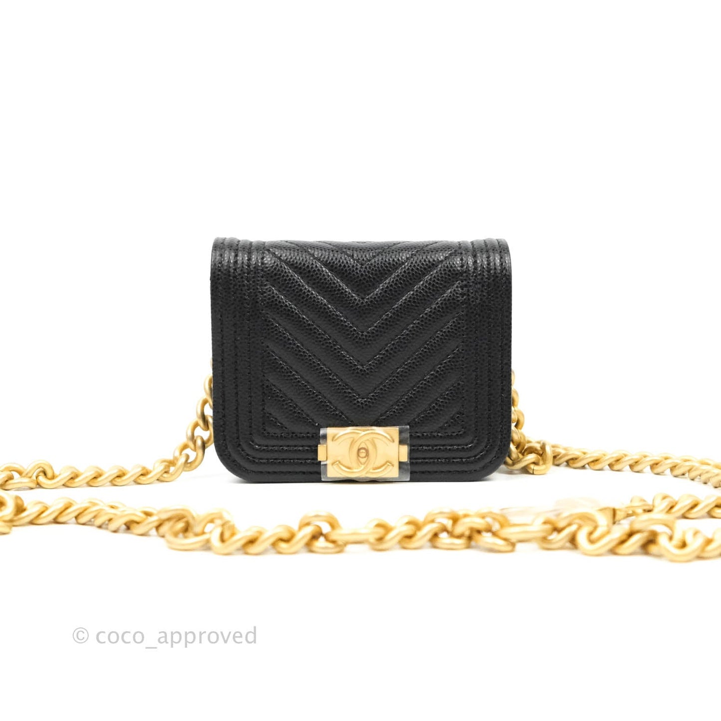 Chanel Chevron Boy Belt Bag Black Caviar Aged Gold Hardware