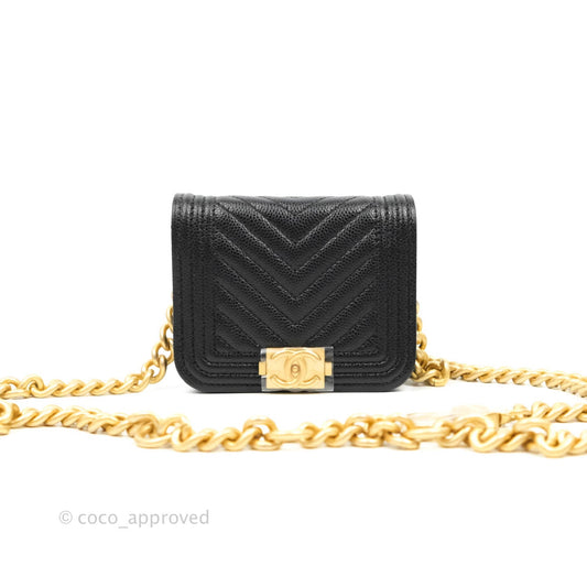 Chanel Chevron Boy Belt Bag Black Caviar Aged Gold Hardware