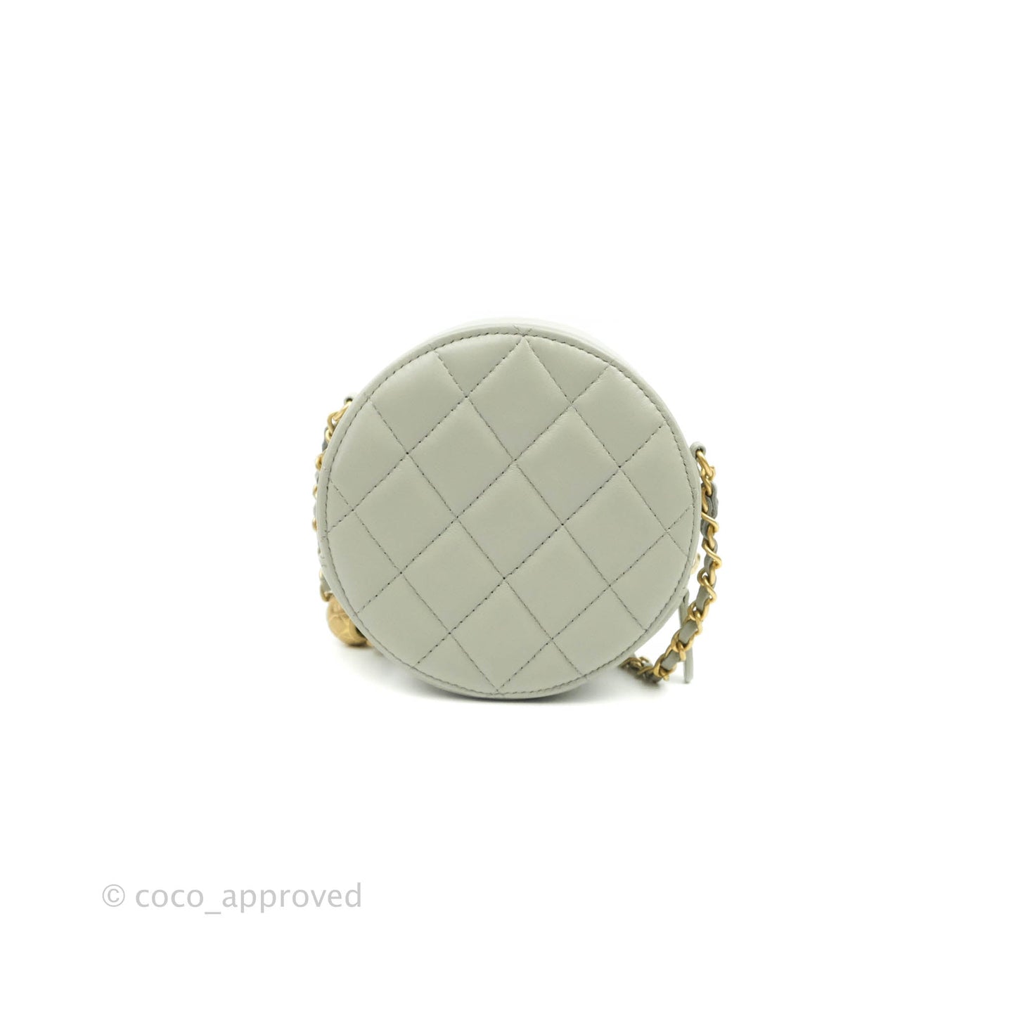Chanel Quilted Round Pearl Crush Clutch With Chain Grey Lambskin Aged Gold Hardware