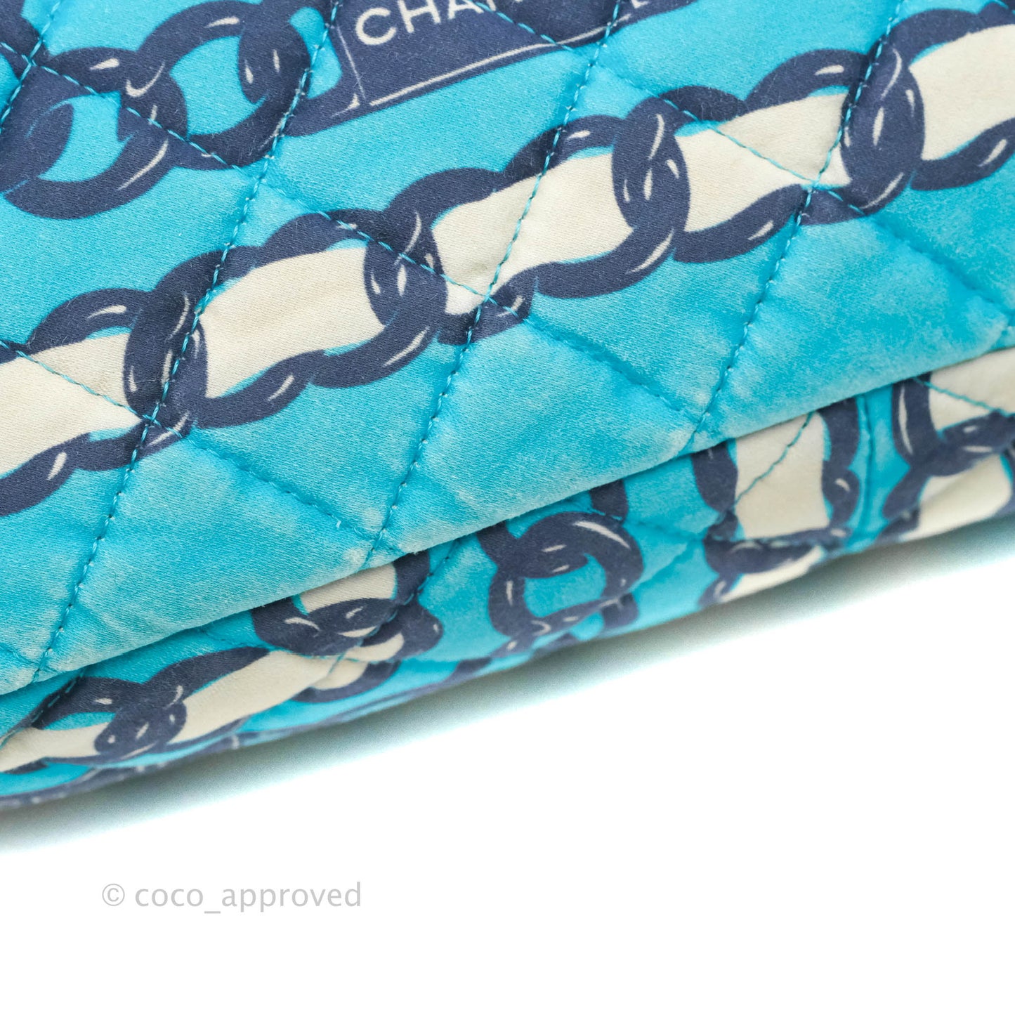 Chanel Medium Single Flap Chain Printed in Blue Silk Gun Metal