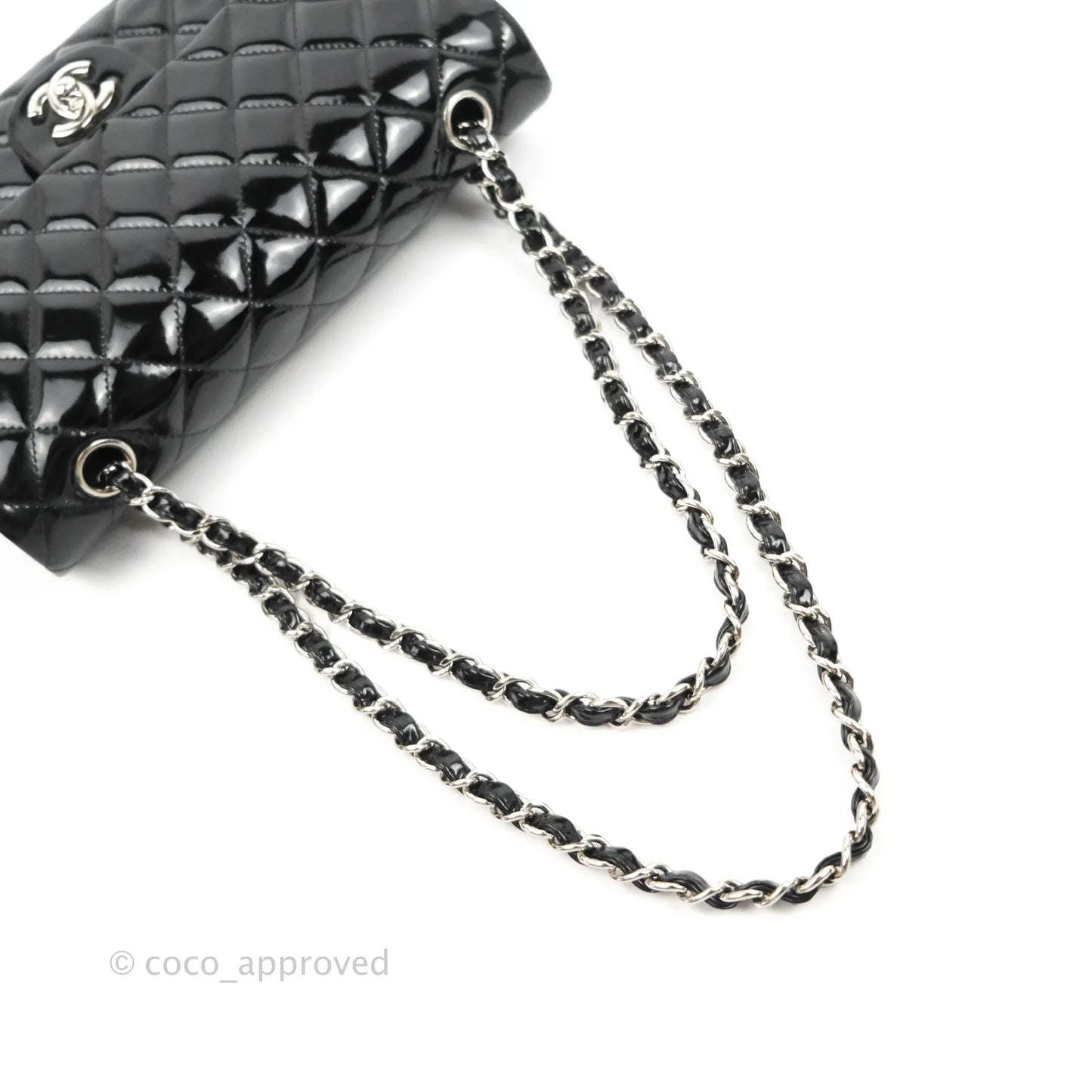 Chanel Classic Quilted M/L Medium Double Flap Black Patent Silver Hardware