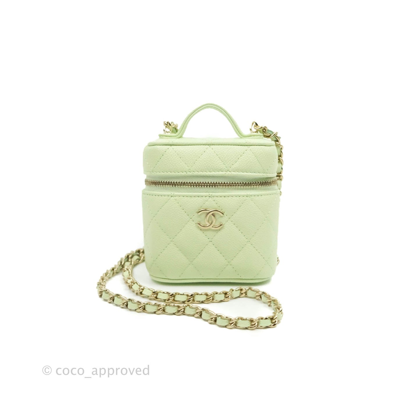 Chanel Quilted Small Handle With Care Vanity Case With Chain Green Caviar Gold Hardware