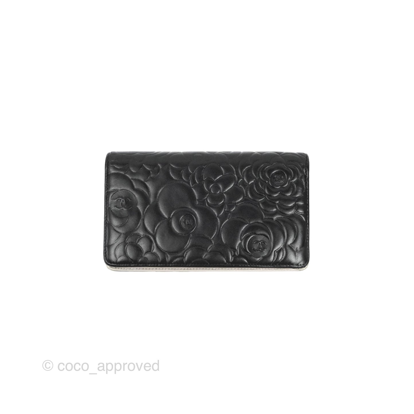 Chanel Yen Camellia Embossed Wallet Black Lambskin Silver Hardware