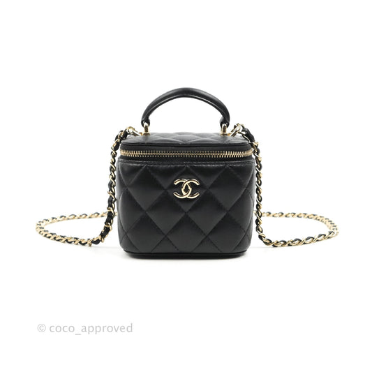 Chanel Mini Top Handle Vanity With Chain Black Lambskin Gold Hardware