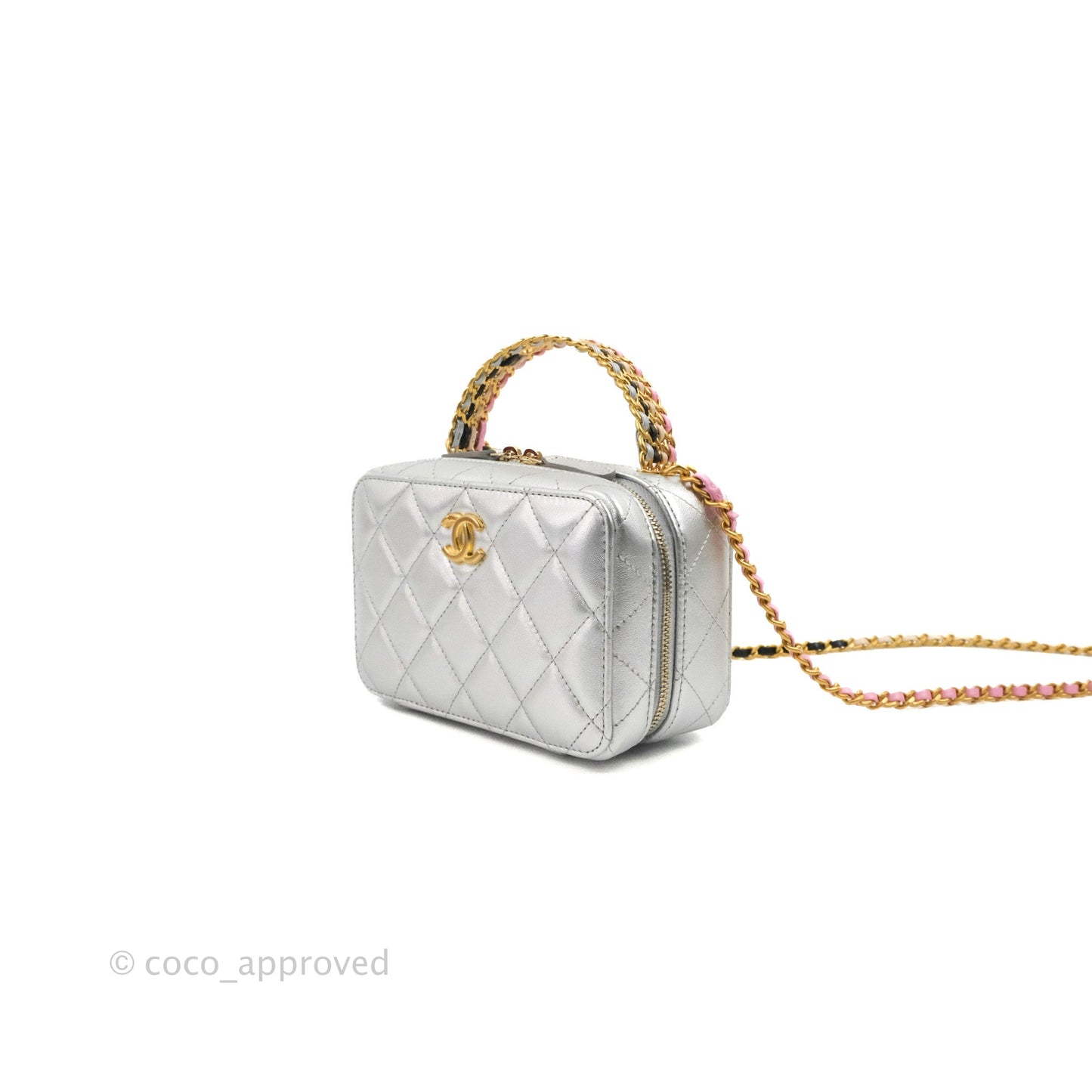 Chanel Rainbow Top Handle Vanity Case Metallic Silver Lambskin Aged Gold Hardware 23P