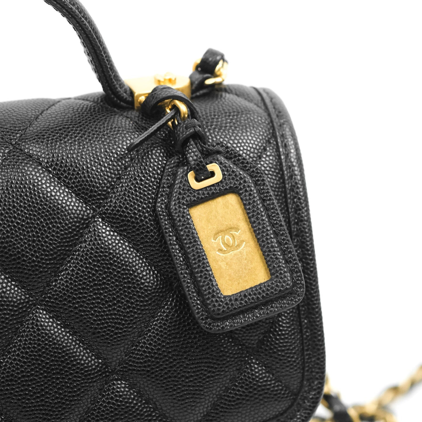 Chanel Mini School Memory Top Handle Flap Bag Black Caviar Aged Gold Hardware