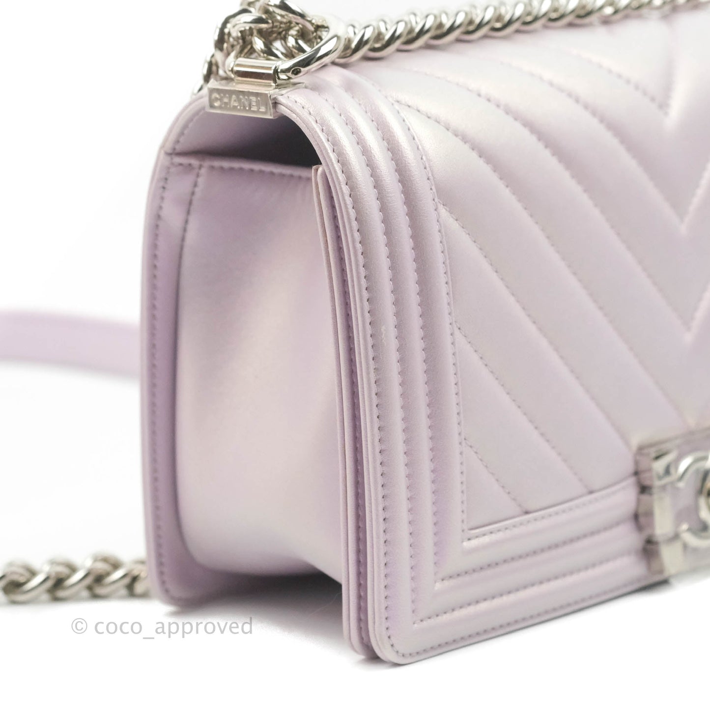 Chanel Medium Boy Chevron Iridescent Lilac Calfskin Silver Hardware
