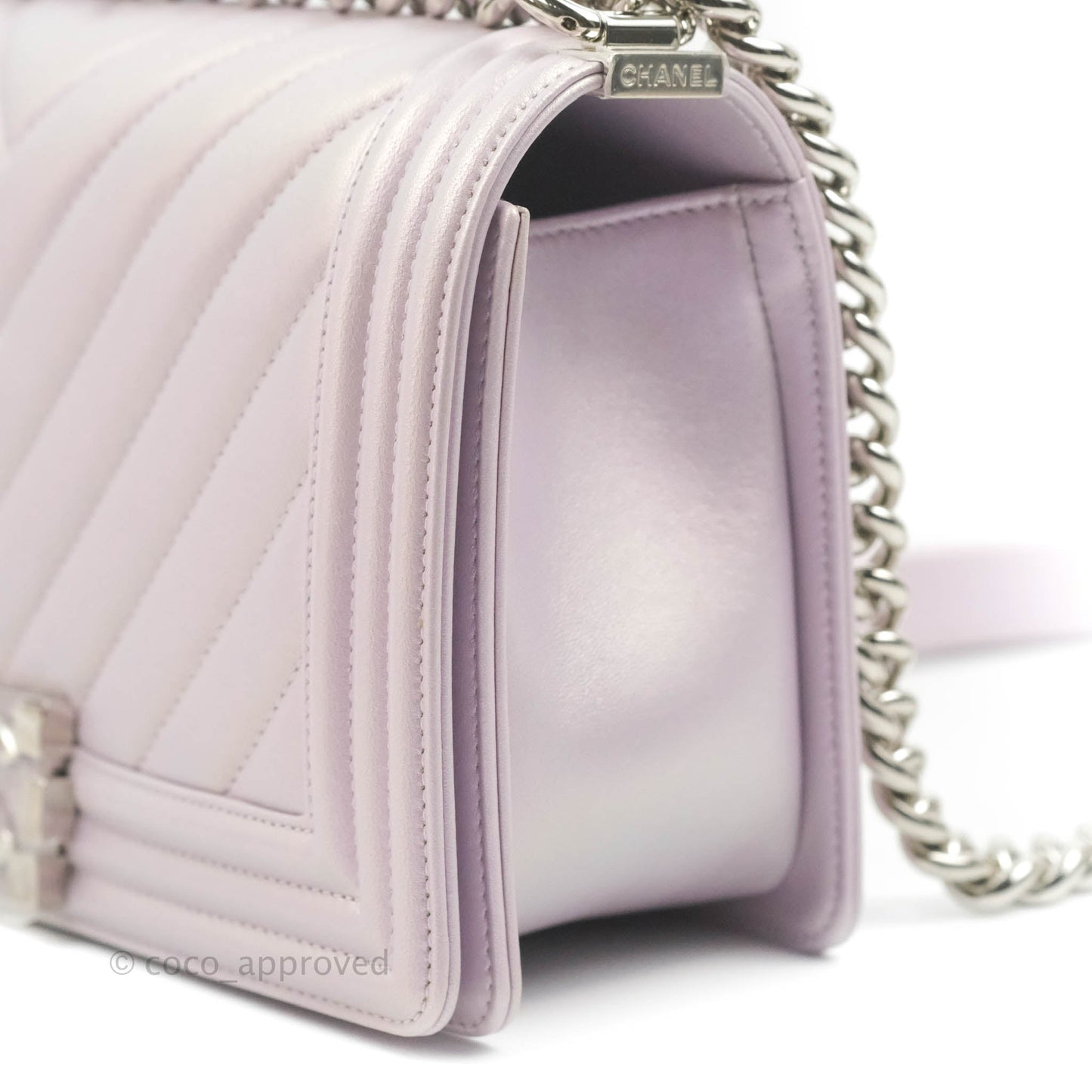 Chanel Medium Boy Chevron Iridescent Lilac Calfskin Silver Hardware
