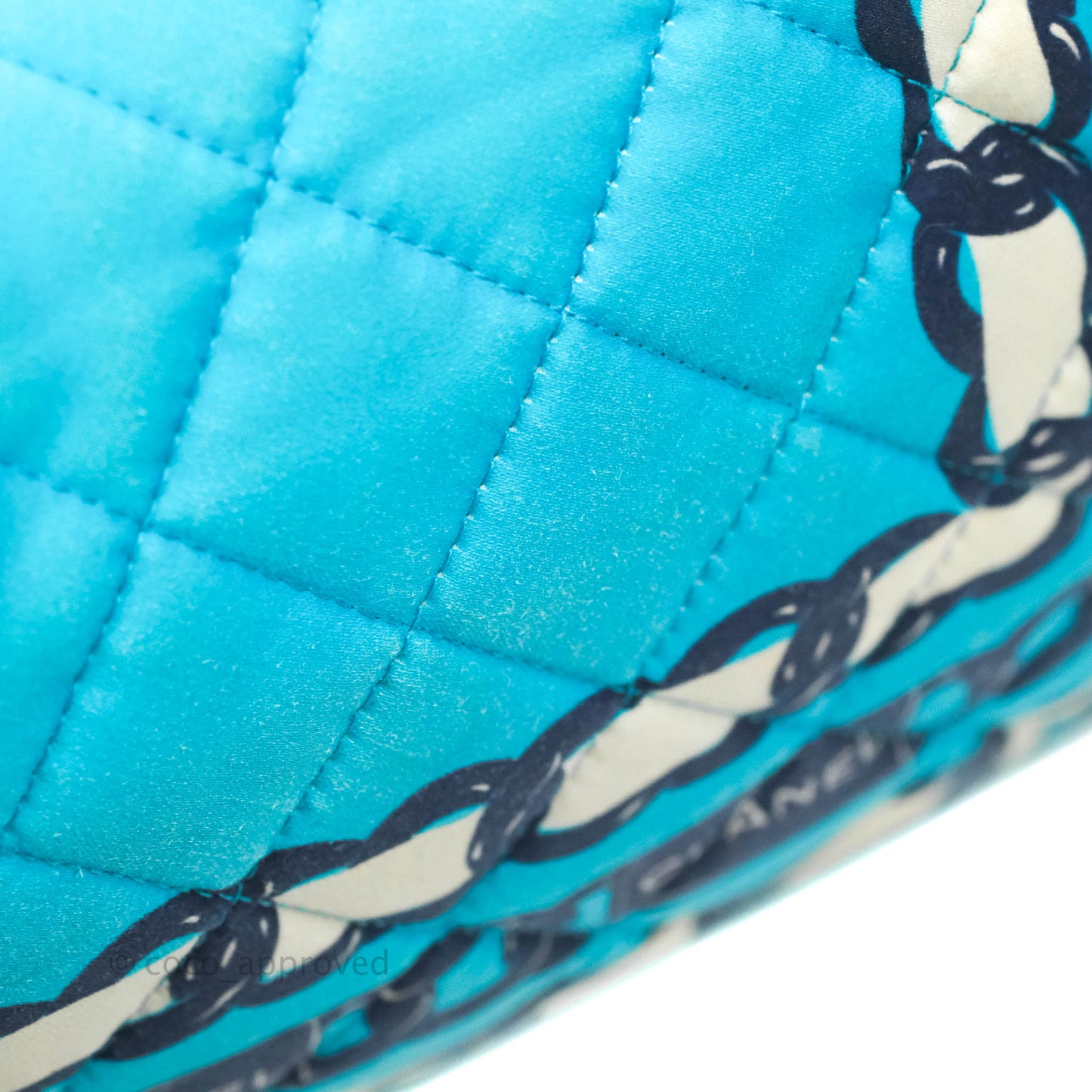 Chanel Medium Single Flap Chain Printed in Blue Silk Gun Metal