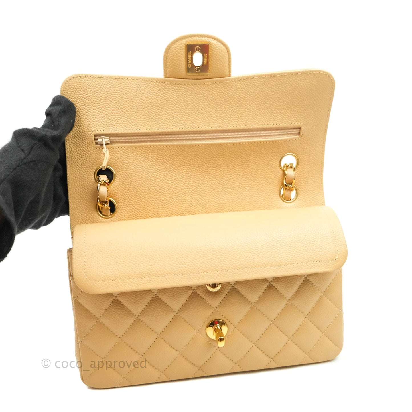 Chanel Small Classic Quilted Flap Beige Caviar Gold Hardware