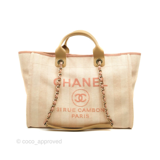 Chanel Large Deauville Pink Stripe Canvas Beige Handle Gold Hardware