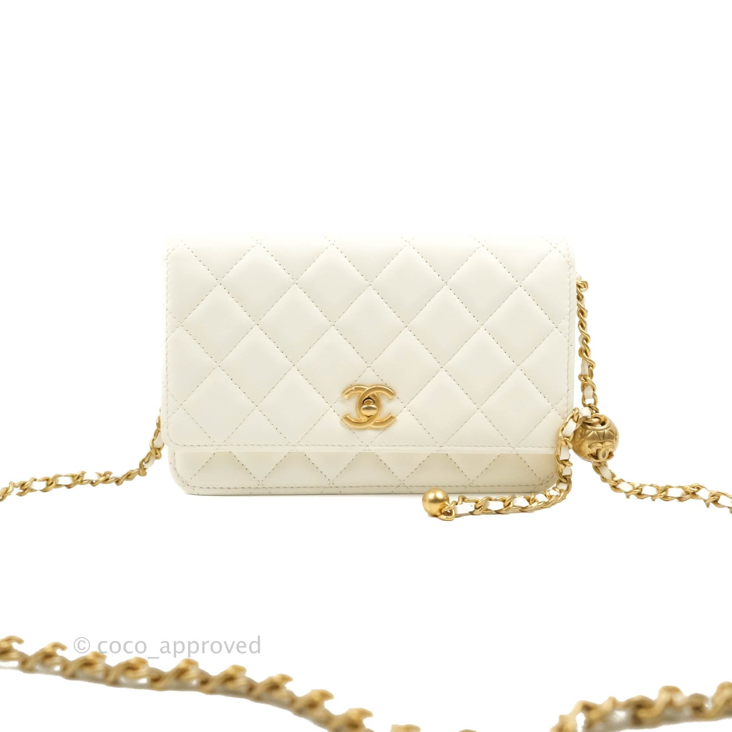Chanel Quilted Pearl Crush Wallet on Chain WOC White Lambskin Aged Gold Hardware