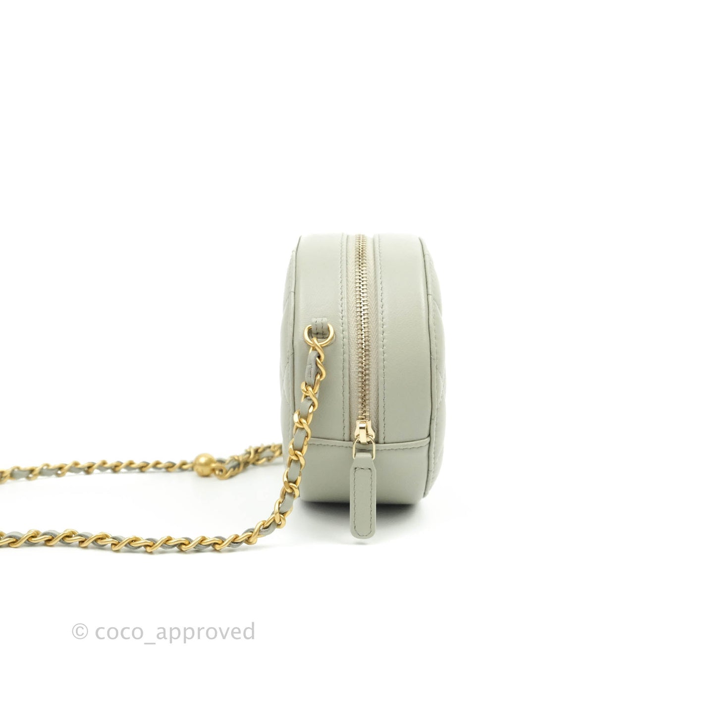 Chanel Quilted Round Pearl Crush Clutch With Chain Grey Lambskin Aged Gold Hardware